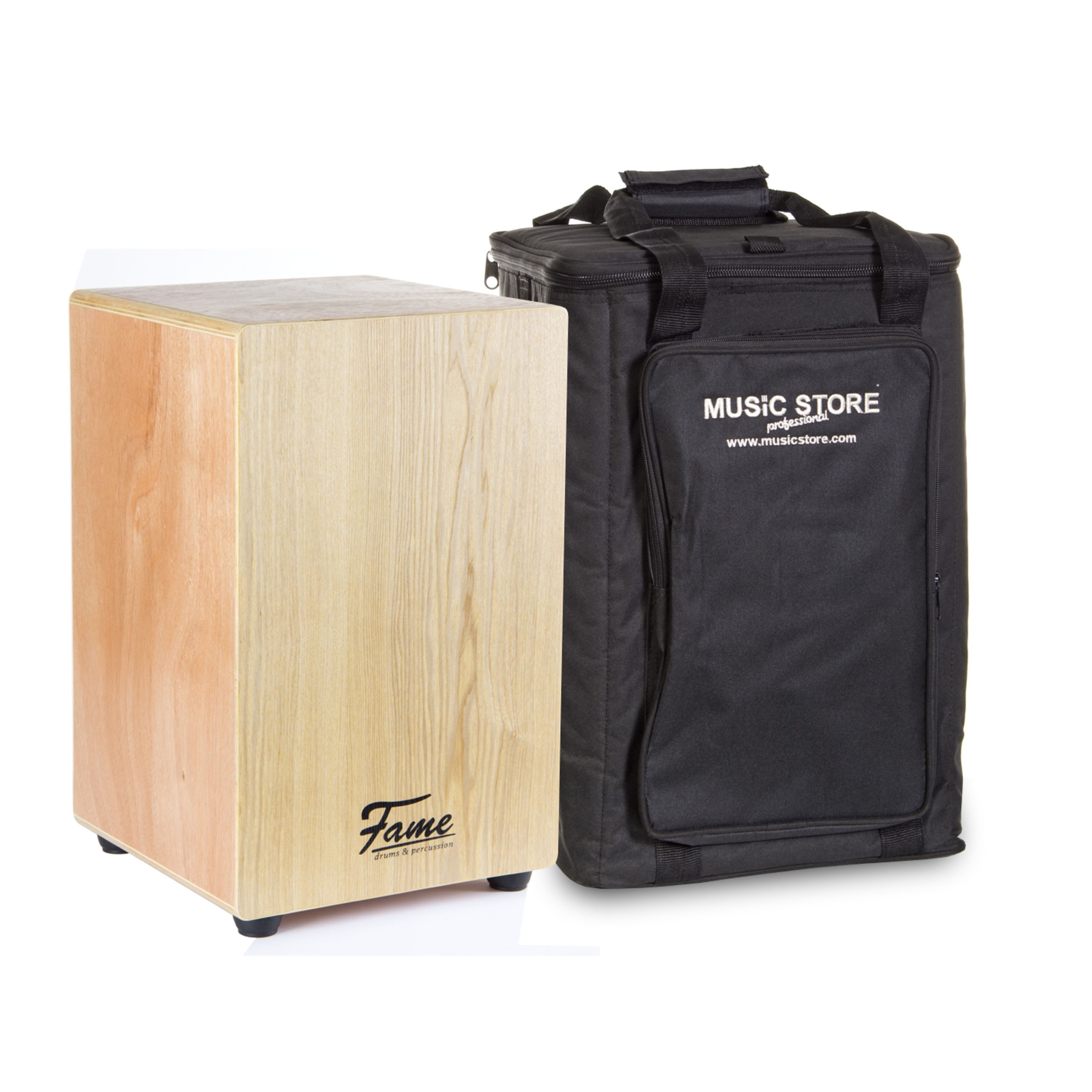 FAME Cajon,Cajon-Set Beginner Cajon mit Tasche Natur Esche Holz Matt Finish Gitarrensaiten 30x30x48 cm inklusive Stimmschlüssel, Percussion, Cajons, Cajon, Beginner Cajon, Natur Esche Holz