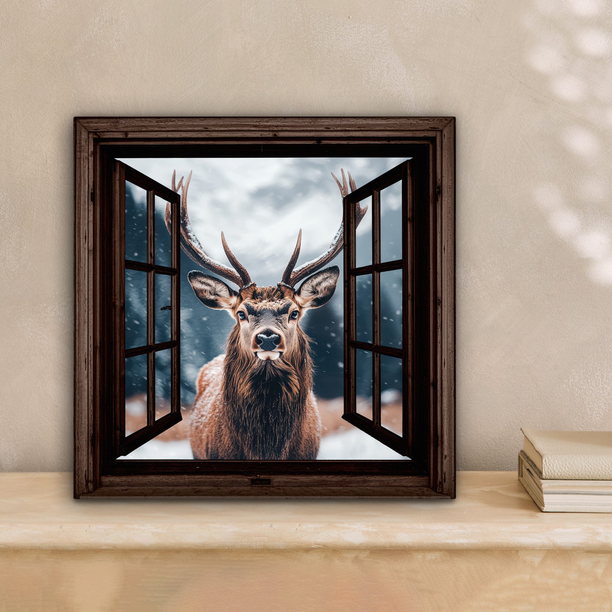 OneMillionCanvasses® Leinwandbild Fenster - Hirsche - günstig online kaufen