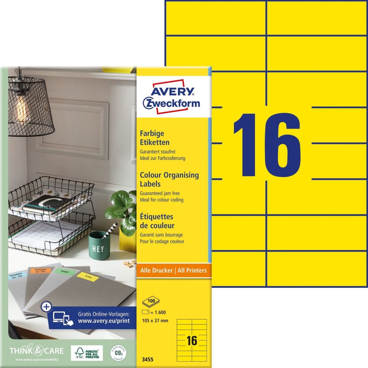 Avery Zweckform Etiketten Etiketten Inkjet/Laser/Kopier 105x37mm VE=1600 Stück gelb