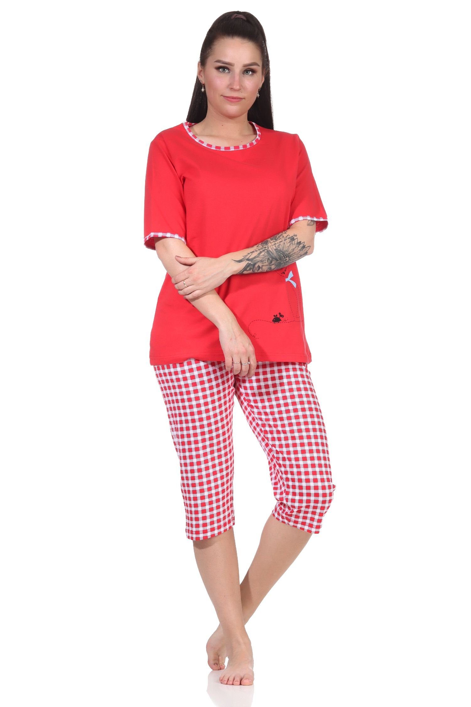 RELAX by Pyjama mit rot Damen süßen Motiv kurzarm Schlafanzug Normann Katzen Capri
