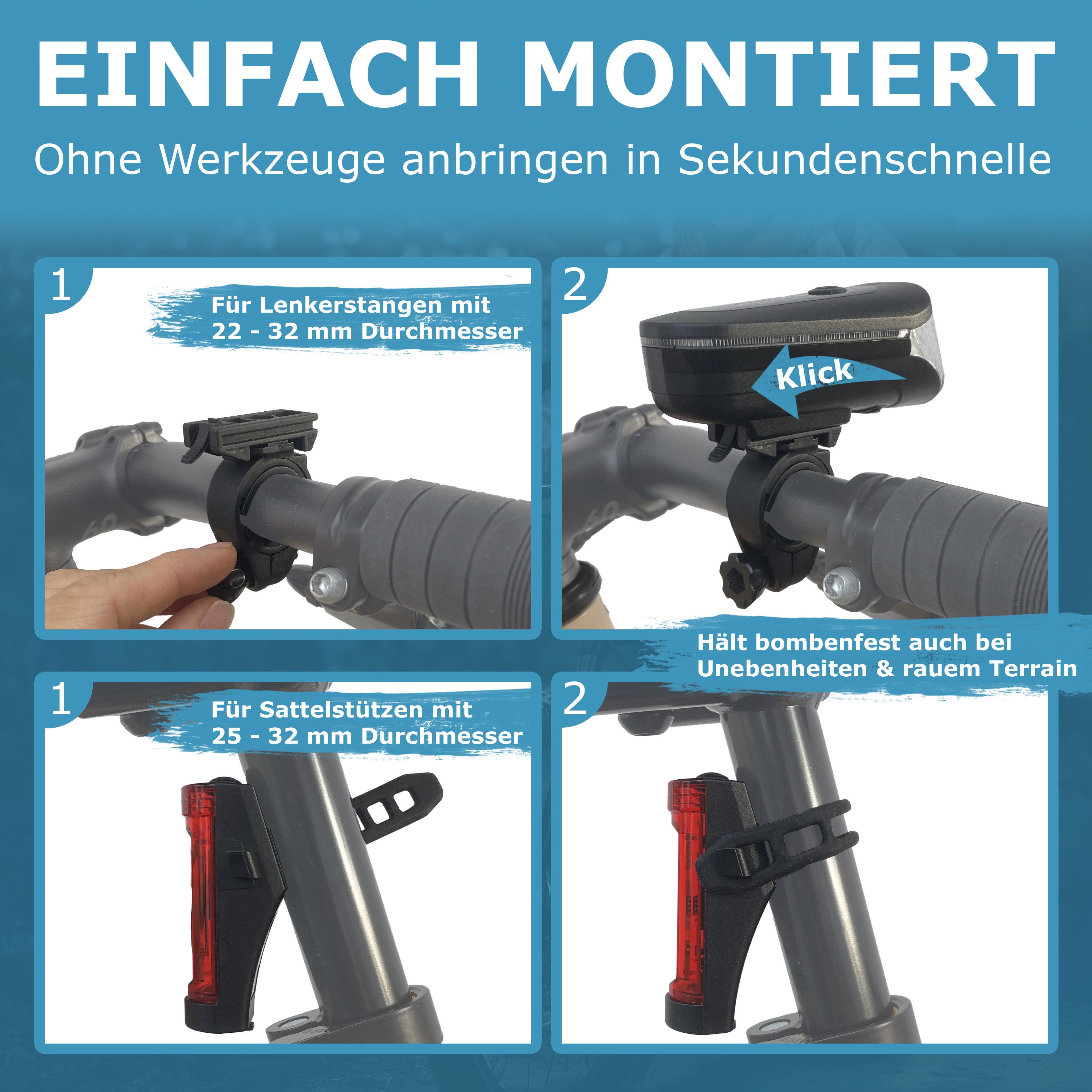 Widder Fahrradbeleuchtung [extrem hell 170 Lum, StVZO zugelassen] Fahrradlicht Set Vorn & Hinten, mit Automatik-Modus • USB-C aufladbar • E-Bike, Fahrrad, Scoot – Bild 5 von 5