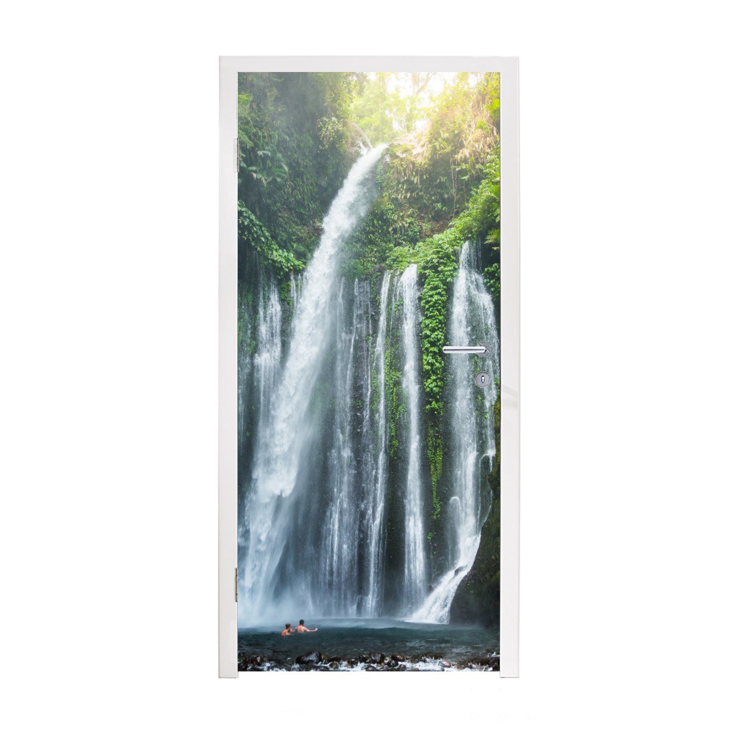 MuchoWow Türtapete Wasserfall im Dschungel des Gunung Rinjani Nationalparks auf Lombok, Matt, bedruckt, (1 St), Fototapete für Tür, Türaufkleber, 75x205 cm