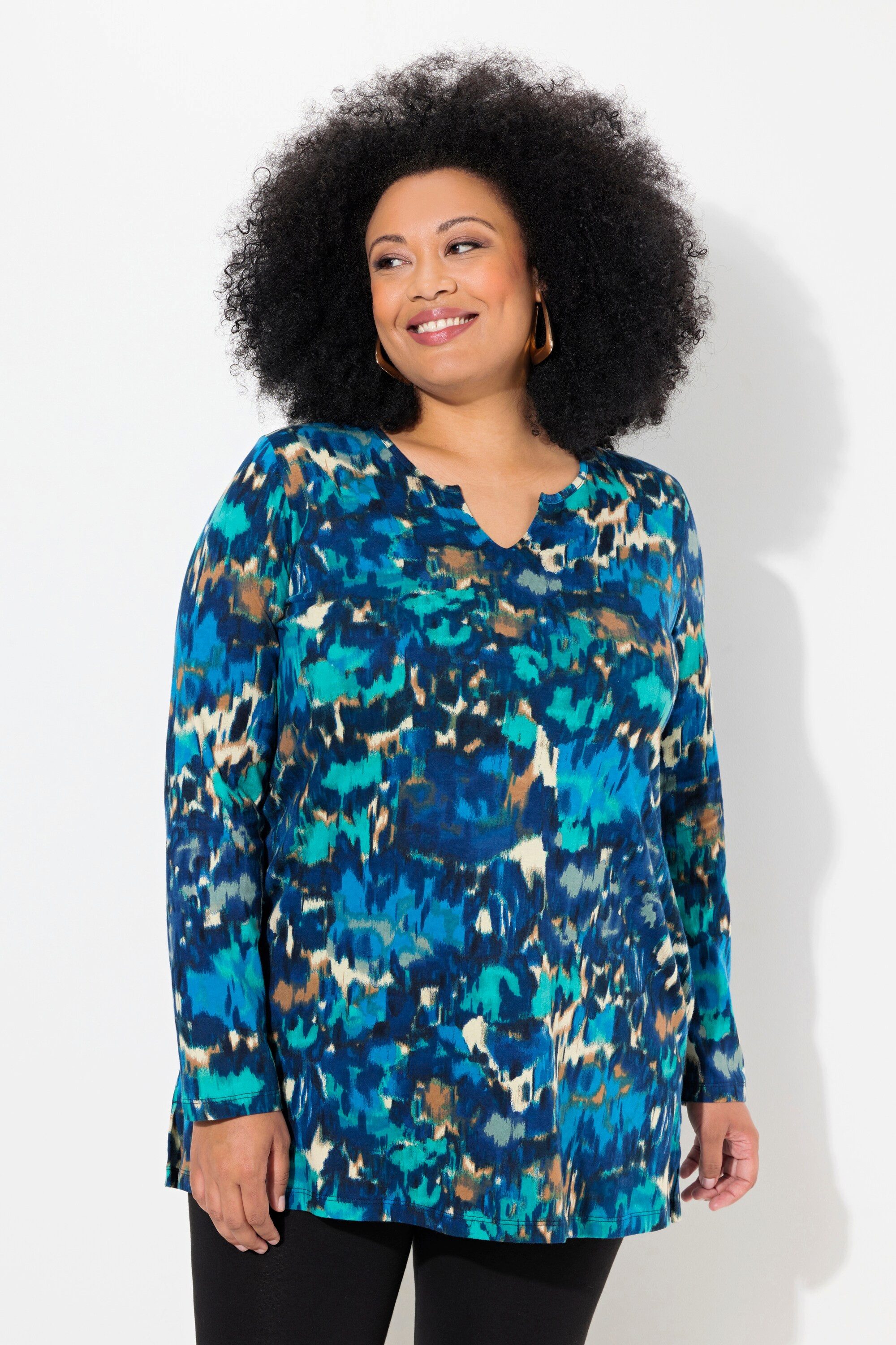Longshirt Longshirt A-Linie Tunika-Ausschnitt Langarm
