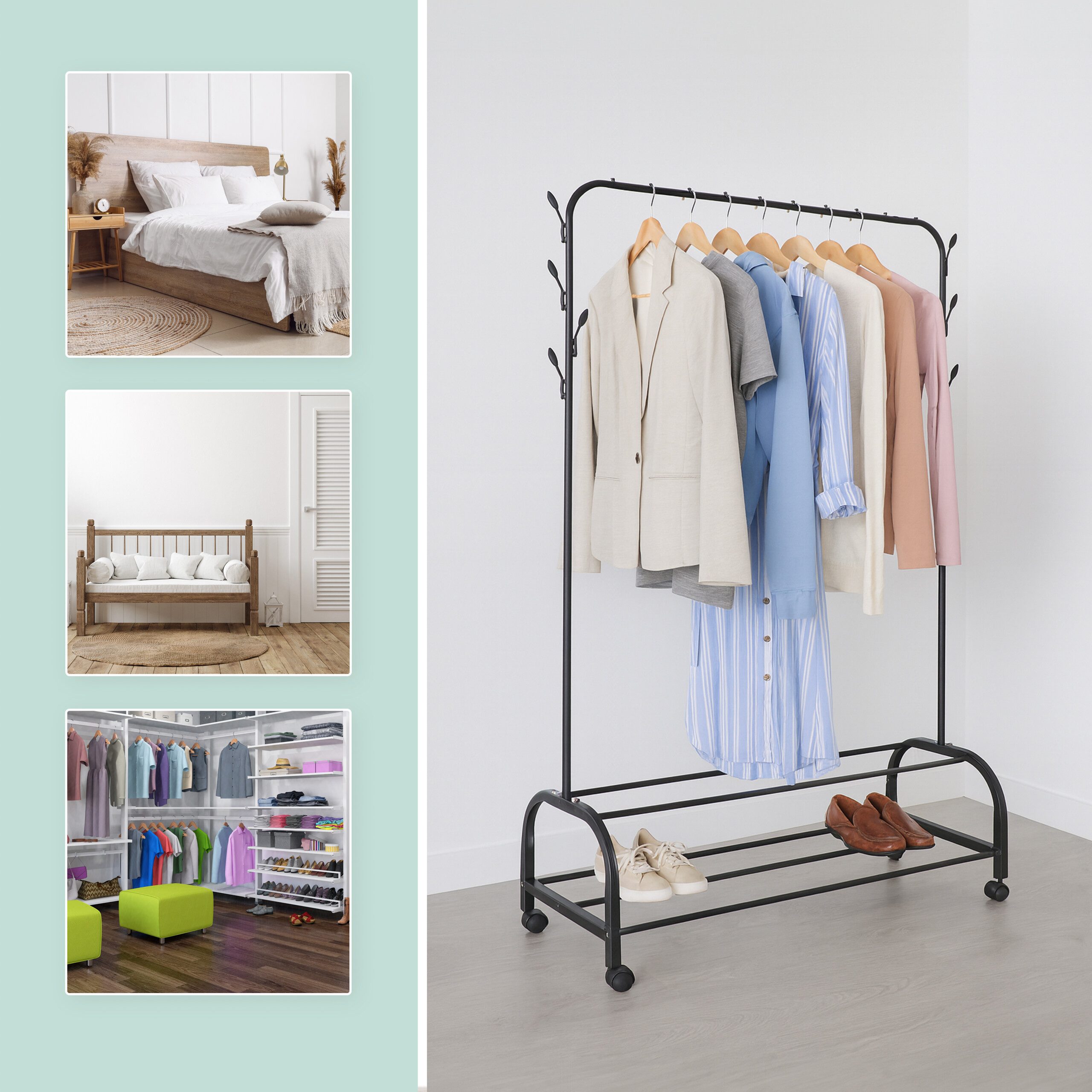 relaxdays Kleiderständer rollbar mit 2 Ablage, schwarz
