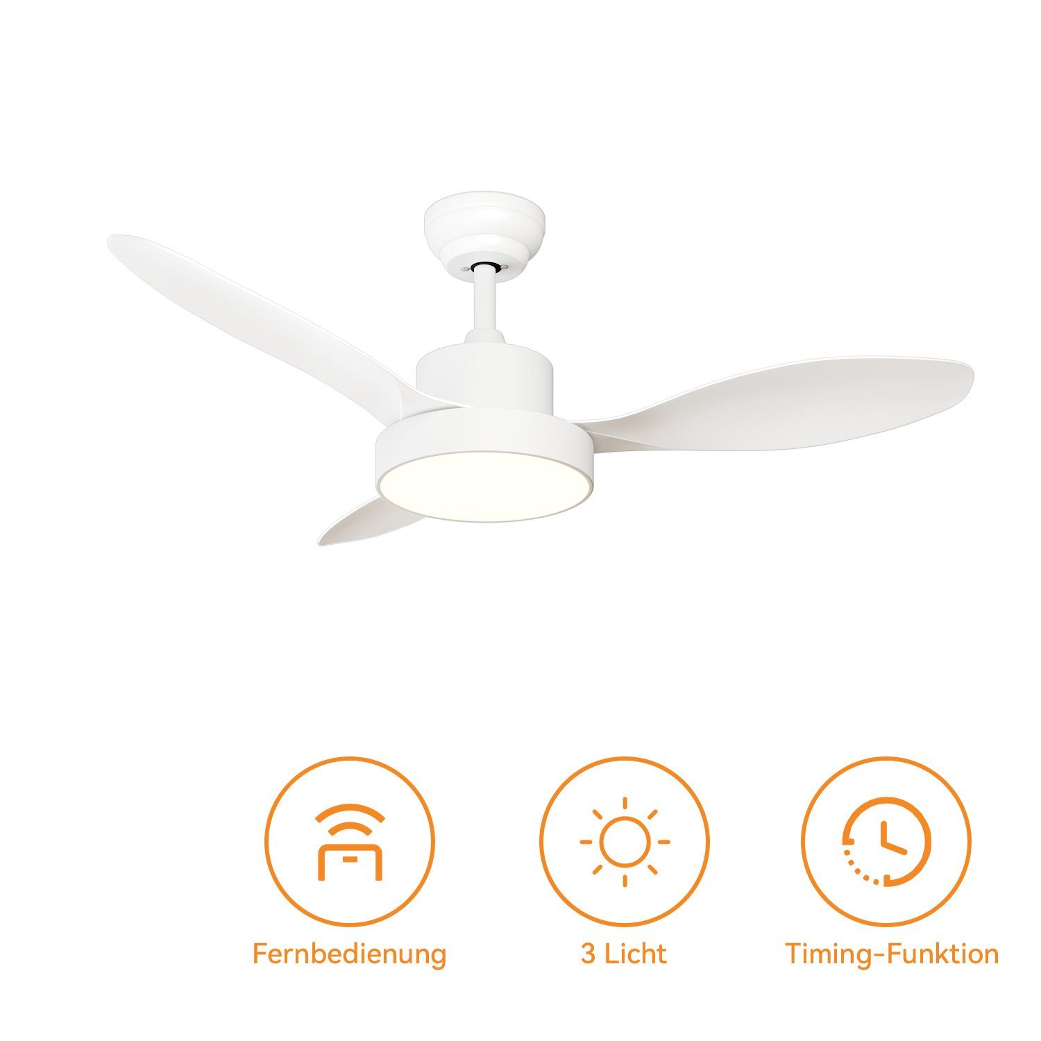 SONNI Deckenventilator mit Led Beleuchtung dimmbar Fernbedienung 119 cm Weiß, DC-Motor, Intelligente Zeiteinstellung, 3 Flügel, 5 Leistungsstufen
