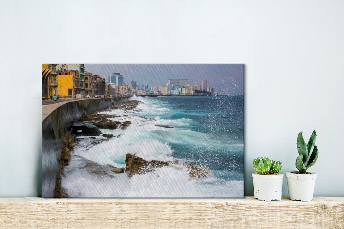 Leinwandbilder, (1 cm Leinwandbild Blaue Nordamerika, Wandbild Aufhängefertig, OneMillionCanvasses® Havanna, Wanddeko, 30x20 im St), Meereswellen kubanischen