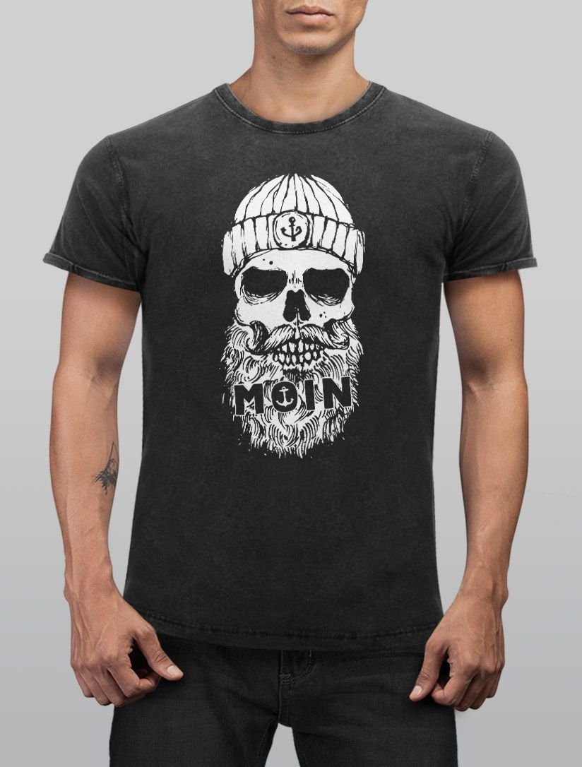 Fit mit Shirt Neverless® Printshirt Neverless Print Totenkopf Aufdruck Print-Shirt Anker Skull Slim schwarz Vintage Look Used Moin T-Shirt Herren