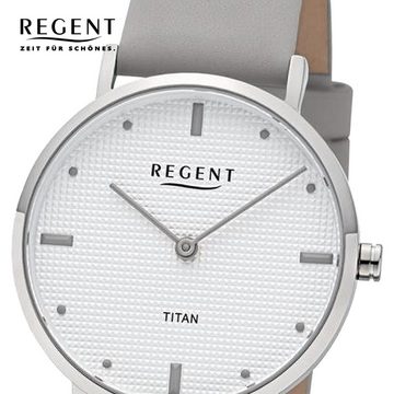 Regent Quarzuhr Regent Damen Titan-Armbanduhr Analog, Damen Armbanduhr rund, mittel (ca. 32mm), Lederarmband grau, Elegant