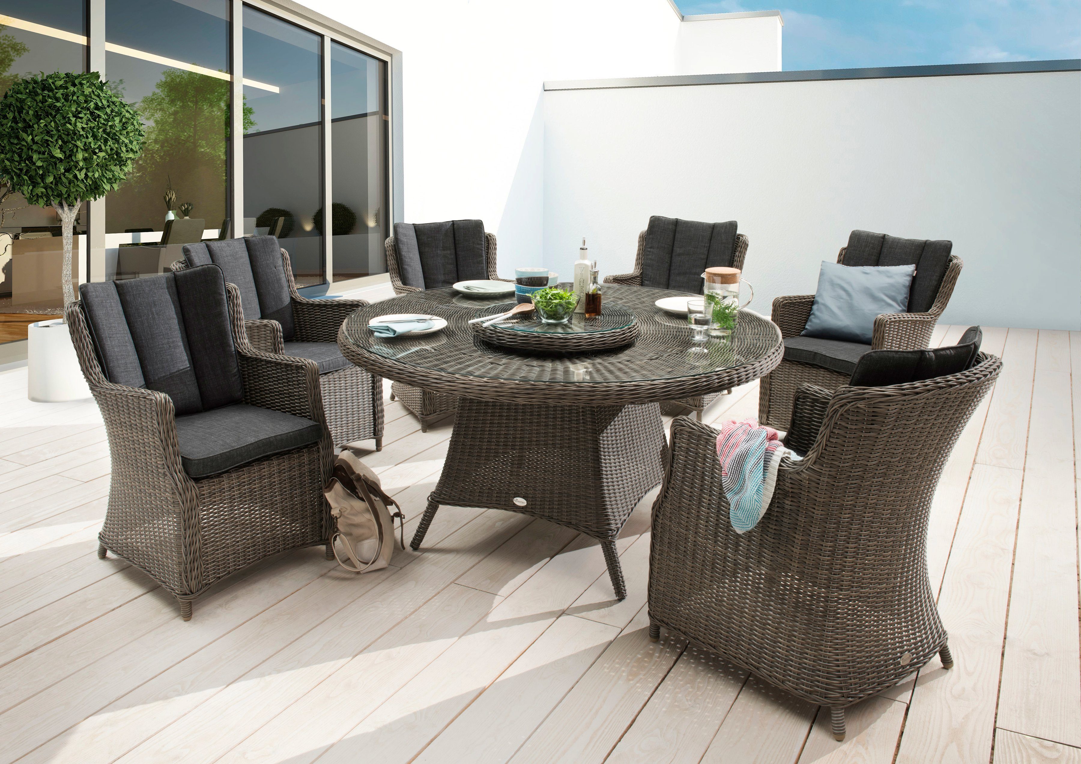 Destiny Garten-Essgruppe LUNA, (19-tlg., 6x Sessel, 1x Tisch, 1x Drehteller, inkl. Auflagen), Aluminium, Polyrattan