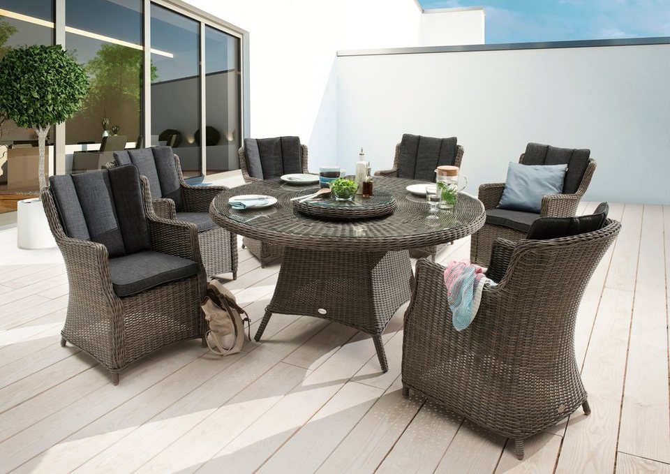 Destiny Garten-Essgruppe LUNA, (Set, 19-tlg), Polyrattan, 6 Sessel + 1 Tisch  Ø 150x75 cm, + Drehteller, + Auflagen