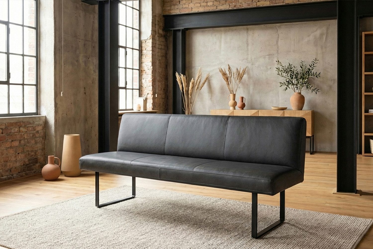 KAWOLA Sitzbank ELEEN Esszimmerbank Leder pigmentiert – modernes Design, 243 cm Breite, hoher Sitzkomfort, Metallgestell schwarz