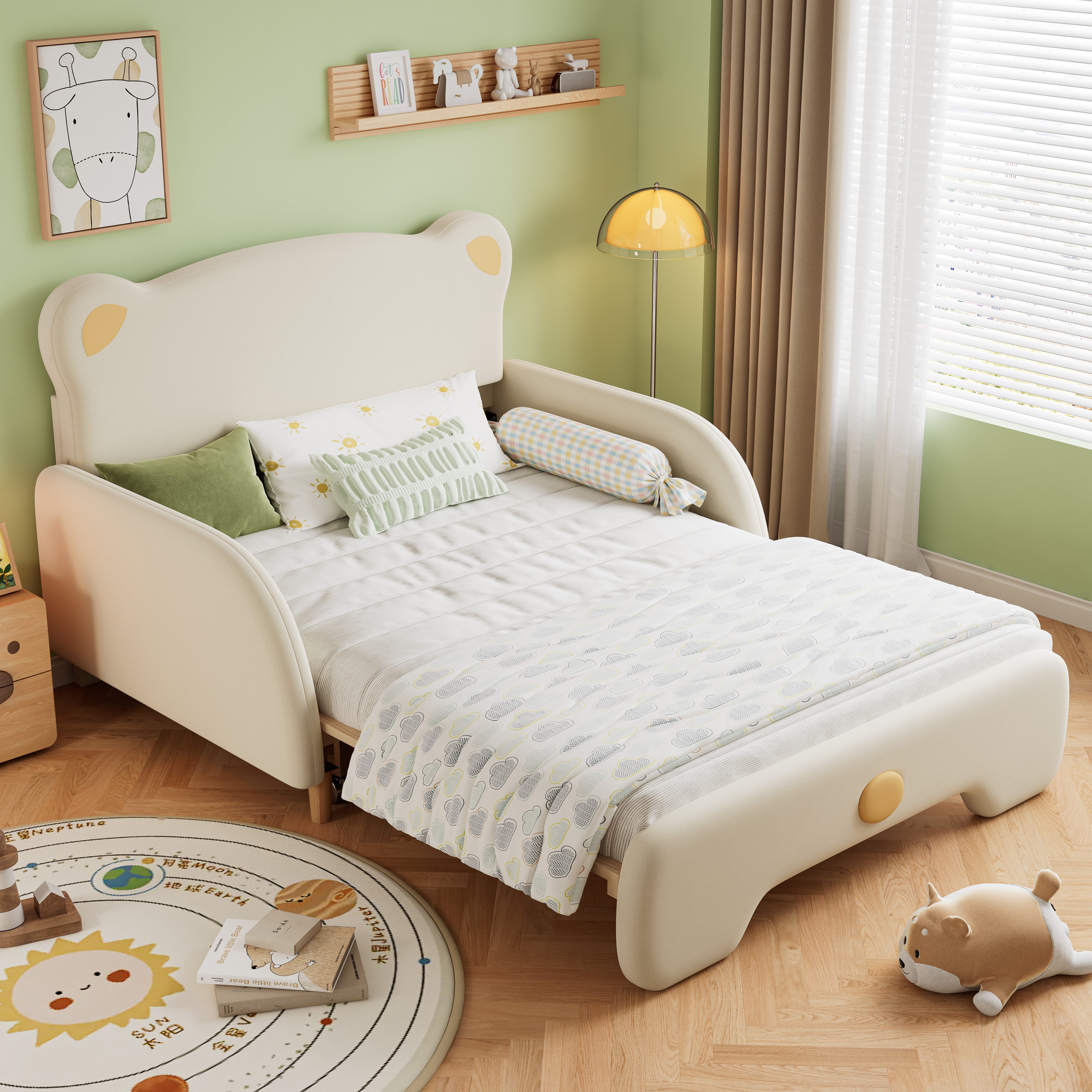 MODFU Schlafsofa Polsterbett Tagesbett Doppelbett Bett Kinderbett, Ausziehbett mit weichen Schutzkanten, mit Holzlatten, Samt, Inklusive Matratze