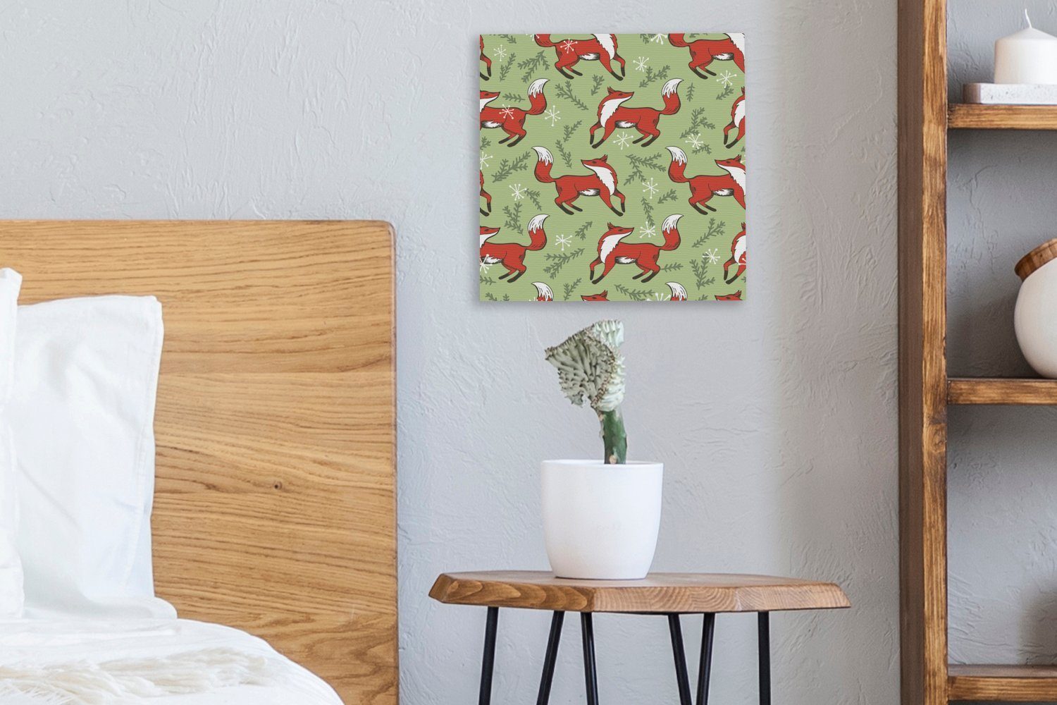 Leinwand Leinwandbild Füchse Muster (1 Wohnzimmer Grün, Bilder - OneMillionCanvasses® St), - für Schlafzimmer