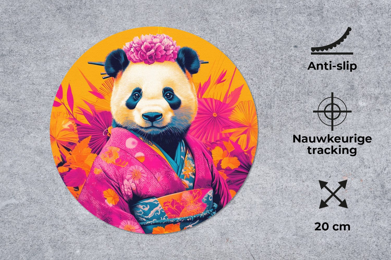 MuchoWow Mauspad Kimono - Rosa - Panda - Blumenkrone (1-St), Büro für Tastatur und Maus, Mousepad Gaming, Rund 20x20 cm