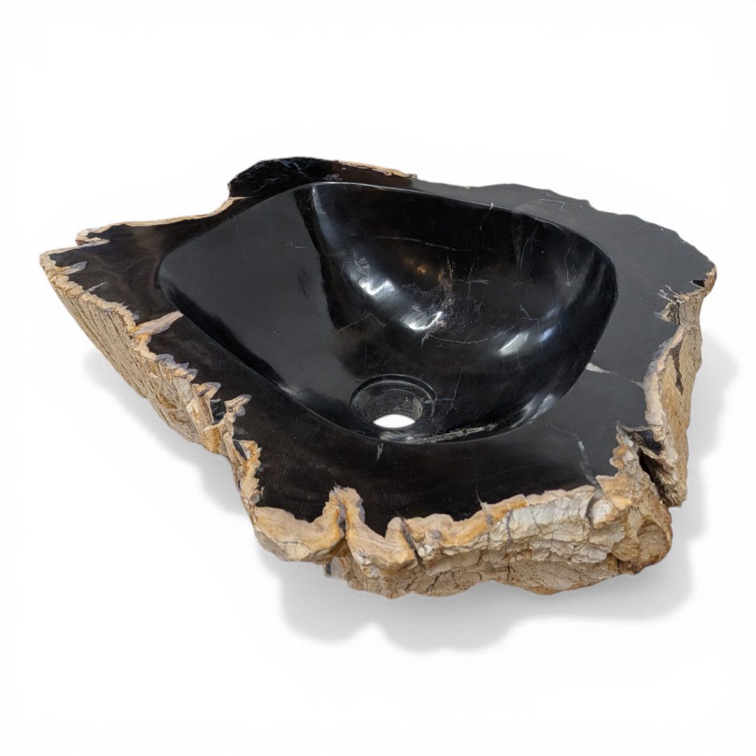 Kinaree Aufsatzwaschbecken Versteinertes Holz Waschbecken #17, poliert, Naturstein, Schwarz, Braun, Bruchstein Optik