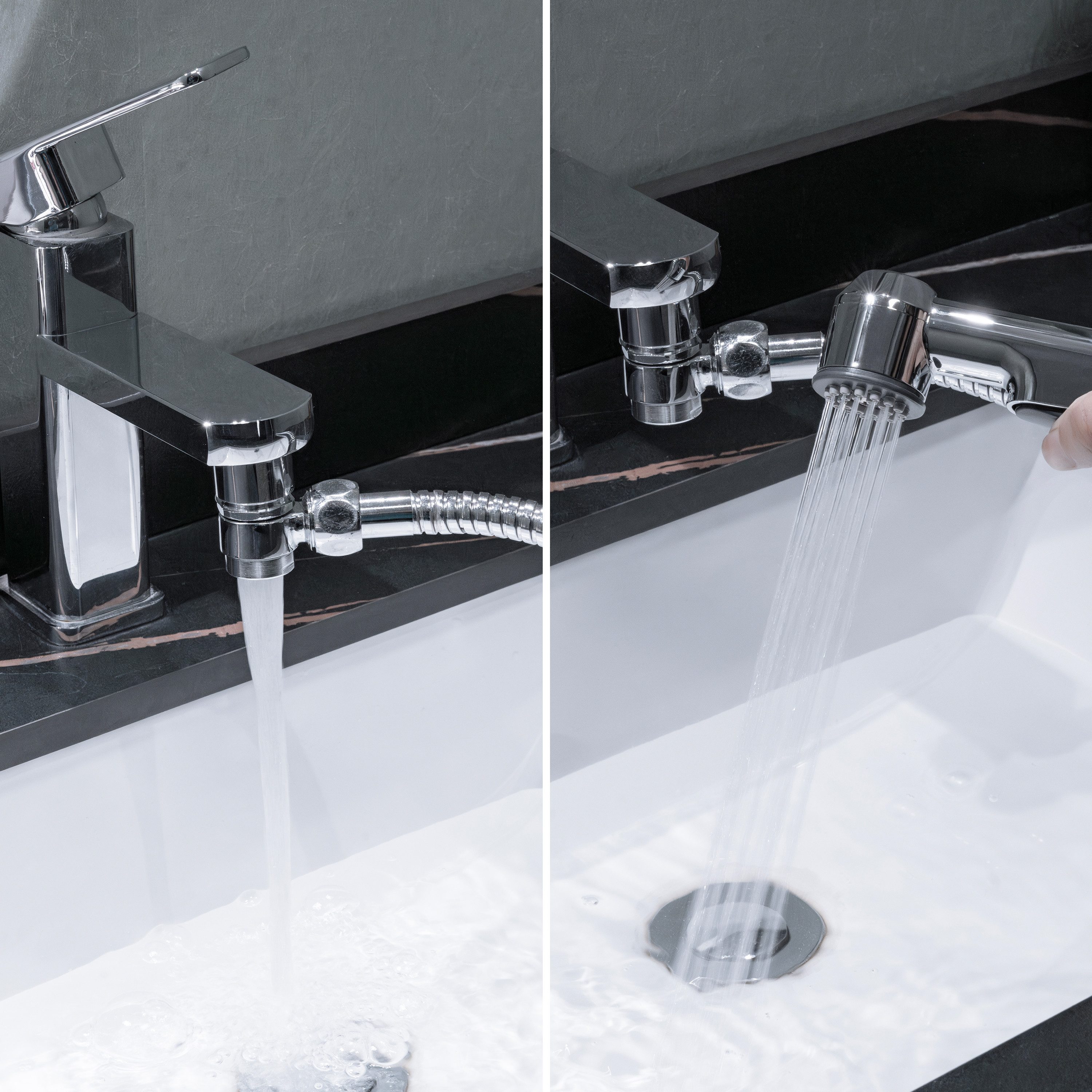 Euroshowers GmbH Waschbeckendusche Universal Chrom 150 cm, (4-tlg), Knopfdruck-Umschaltung, Anti-Kalk-Noppen, M24/M22, Edelstahl-Schlauch