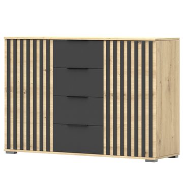 MOEBLO Kommode VERA 4S2D (Artisan/Schwarz, mit Schubladen und Lamellen, Sideboard Wohnzimmer Kommode Schlafzimmer Komodenschrank Highboard), (B x H x T):135x93x42cm