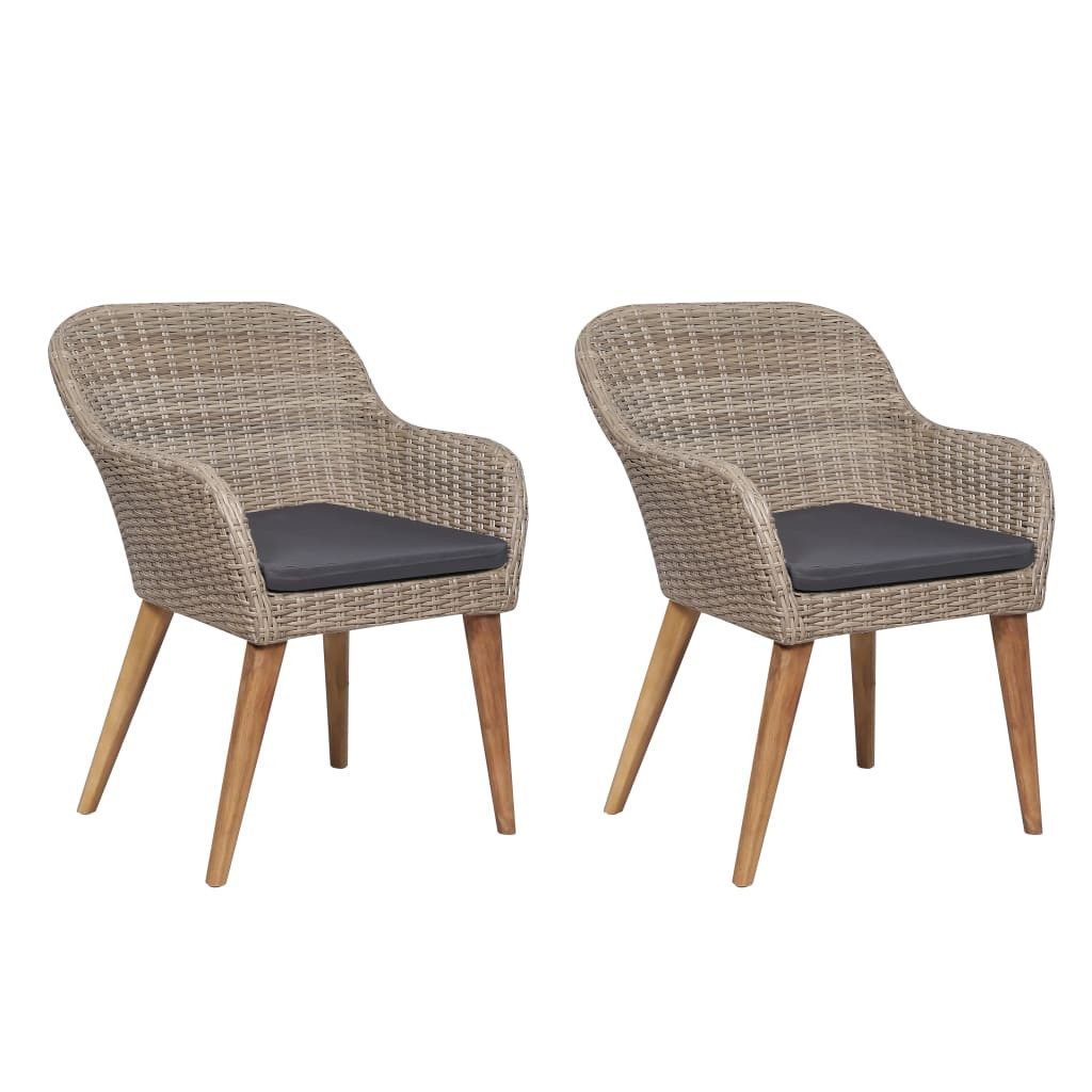 vidaXL Gartenstuhl Gartenstühle mit Polstern 2 Stk. Poly Rattan Braun (1 St), Akazie 2x Gartenstuhl Poly Rattan Stuhl Sessel Essstuhl Gartensessel