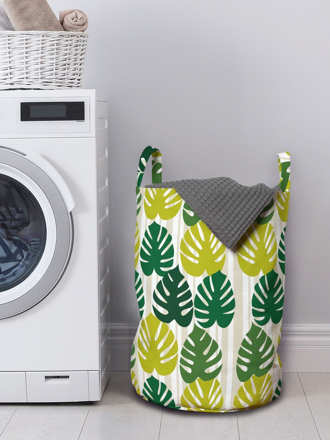 Waschsalons, Tropisch Wäschesäckchen mit Blätter Abakuhaus für Wäschekorb Griffen Monochrom Monstera Kordelzugverschluss