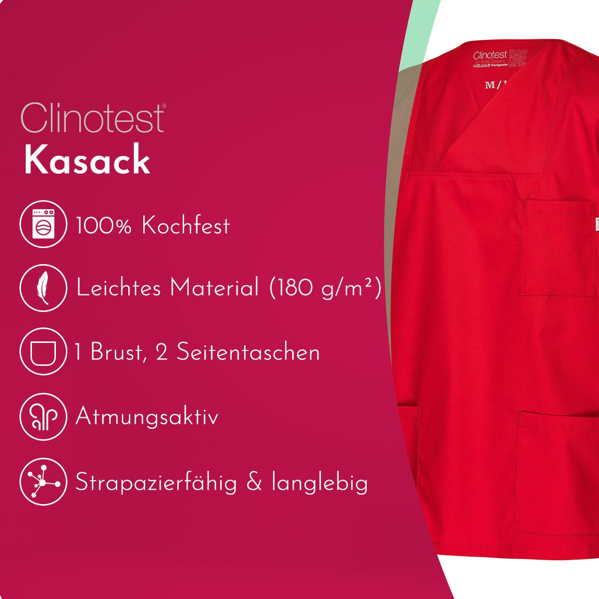 Clinotest Funktionsbluse Kasack Damen & Herren - 95 Grad waschbare, kochfest ohne einzulaufen (1-tlg) Schlupfkasack aus Baumwolle & Polyester - Berufsbekleidung – Bild 2 von 5
