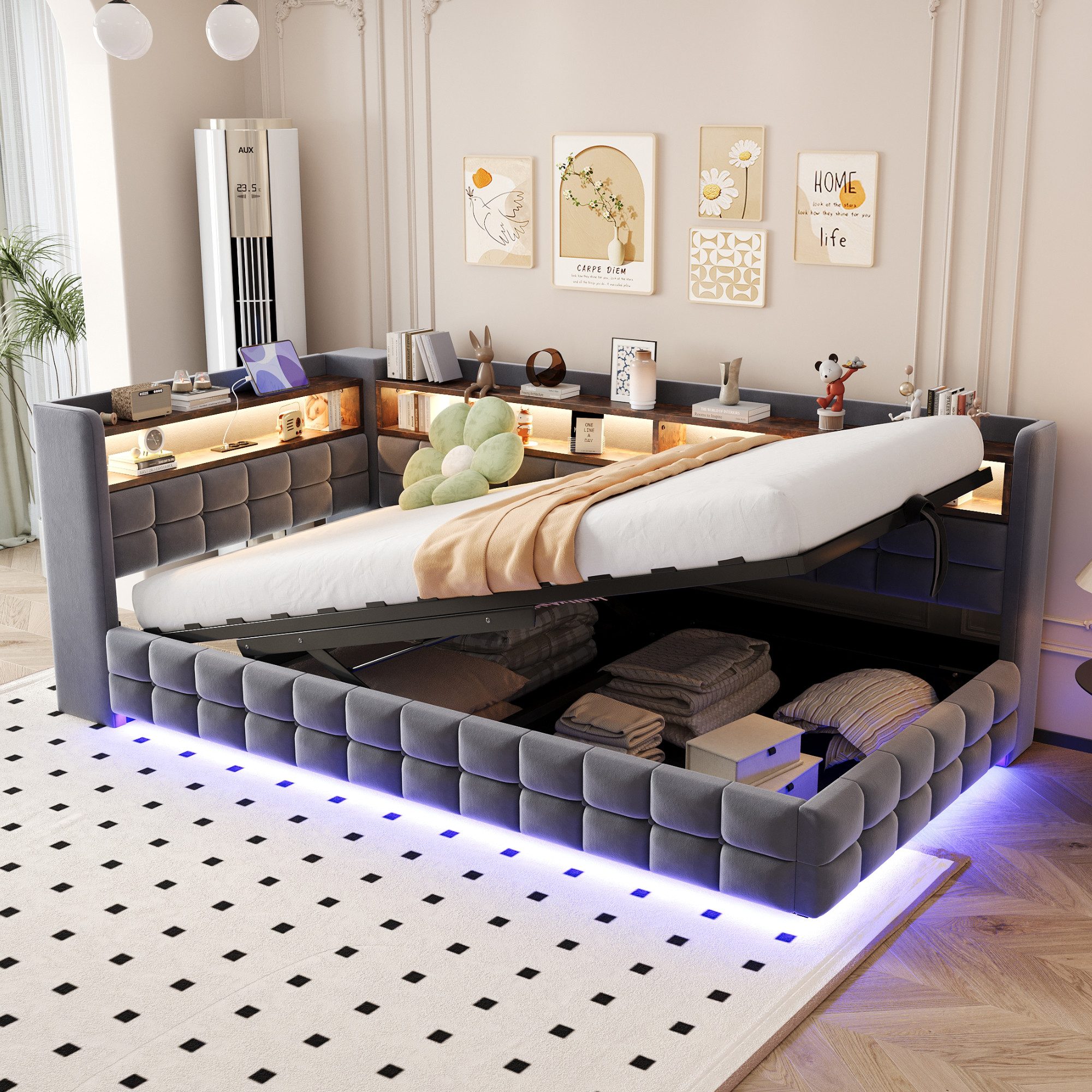 STILVORA Polsterbett 90×200 Schlafsofa mit bettkasten Stauraumbett mit LED-Licht Dunkelgrau (Hydraulischer Stauraum, Holzregal, LED-Beleuchtung, USB- & Typ-C-Ladeanschlüsse, Lattenrost 90x200 cm, 90x200 cm), ohne Matratze