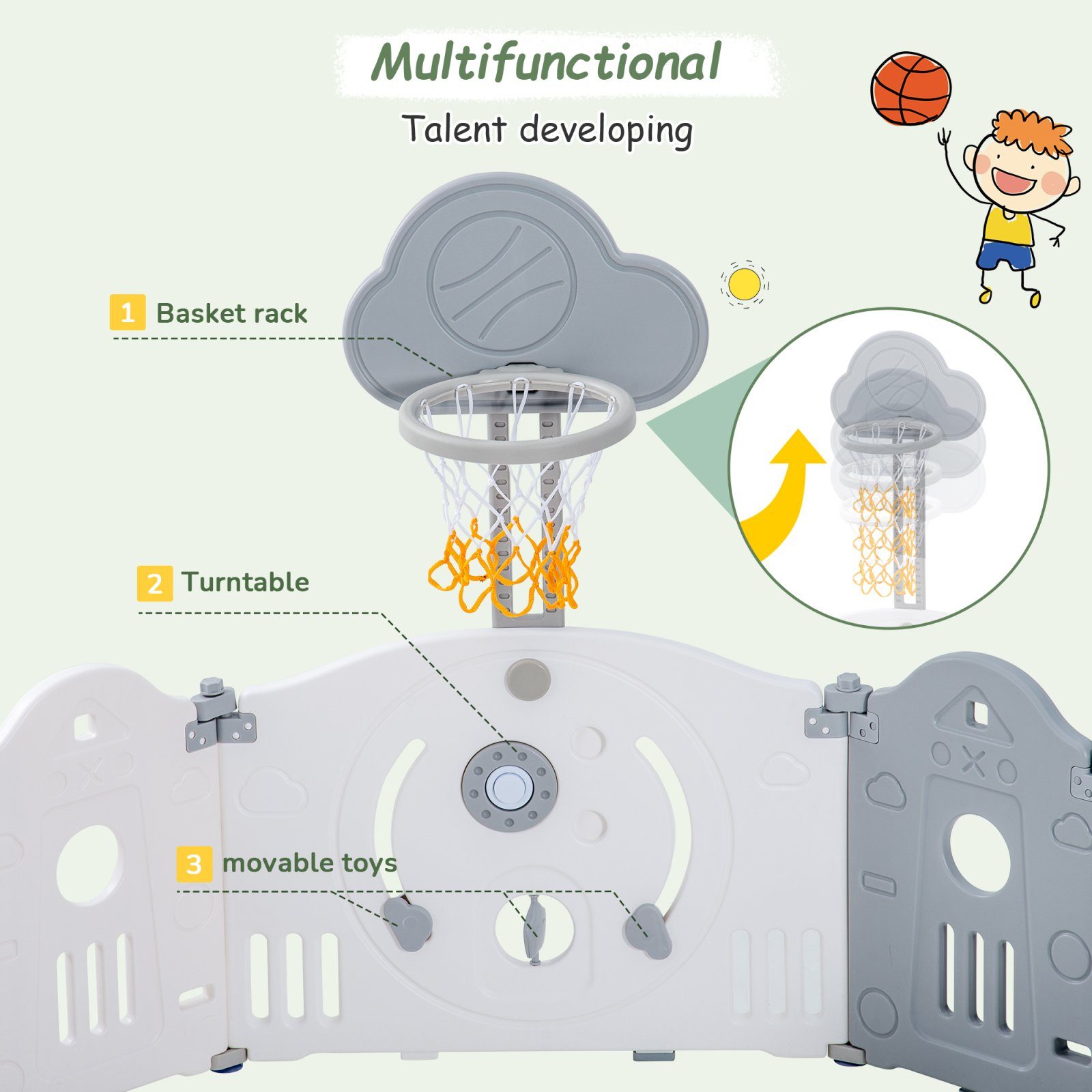 SEEZSSA Laufgitter Krabbelgitter Tür&Spielzeugboard&Basketballkorb&Kinderschaukel Schutzgitter Baby Laufstall Paneele 12+2 Laufgitter mit Faltbar