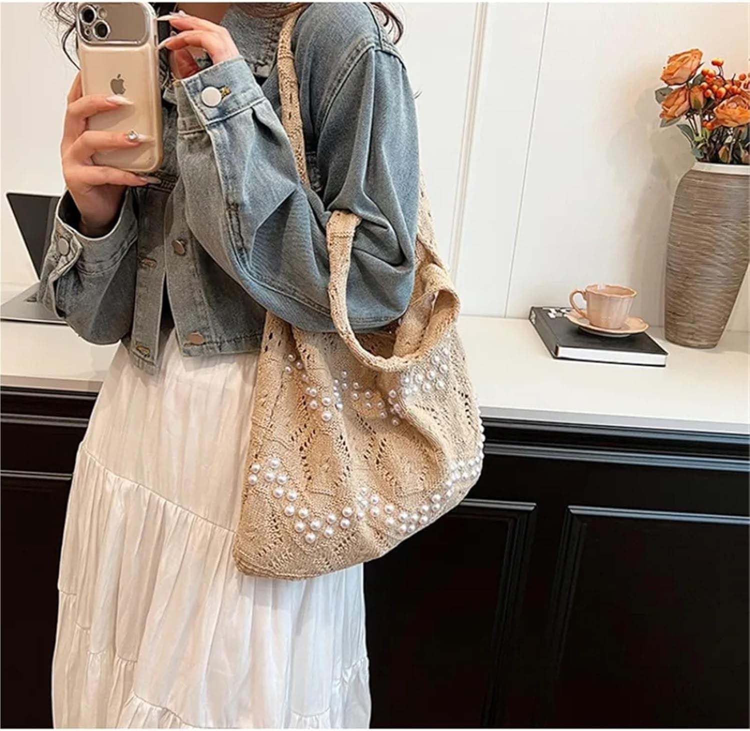 nsihing Schultertasche Strandtasche Damen Häkeltasche, Geflochtene Tasche Boho – Bild 5 von 5