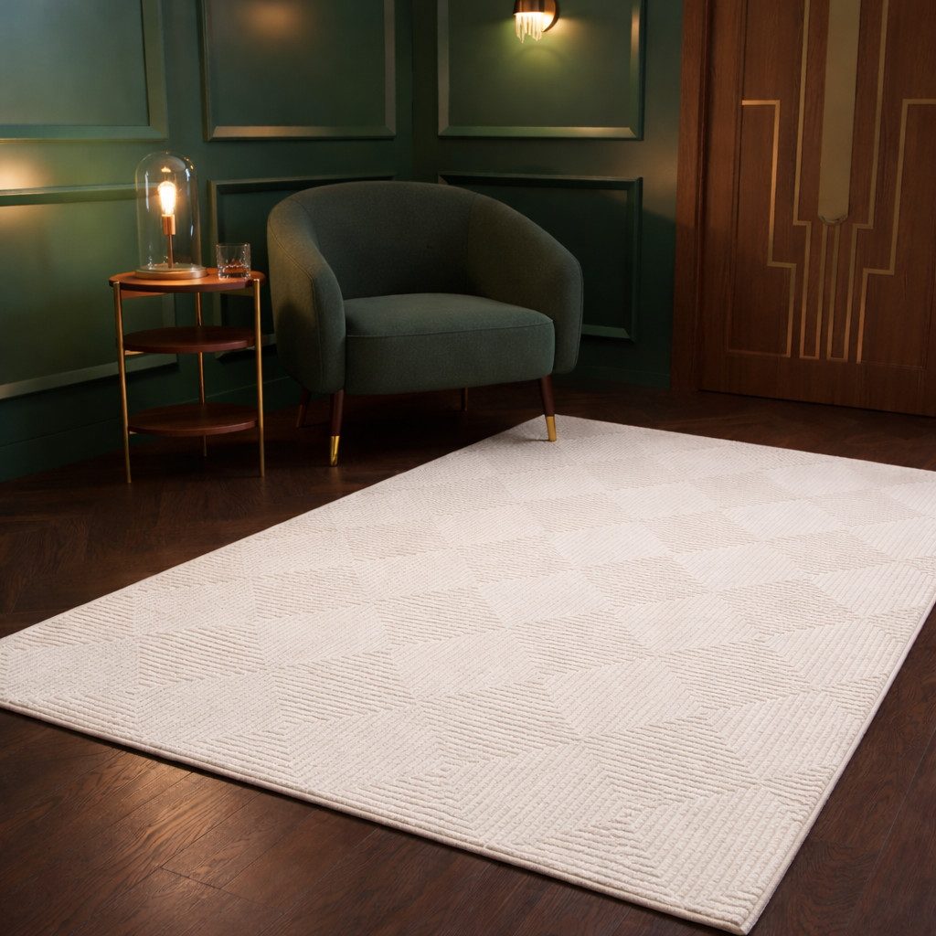Vimoda Designteppich Wohnzimmer Boho Design 3D Raute Hoch-Tief-Effekt, Rechteckig, Höhe: 11 mm, Teppich 3D kariert für Esszimmer, Flur & Schlafzimmer