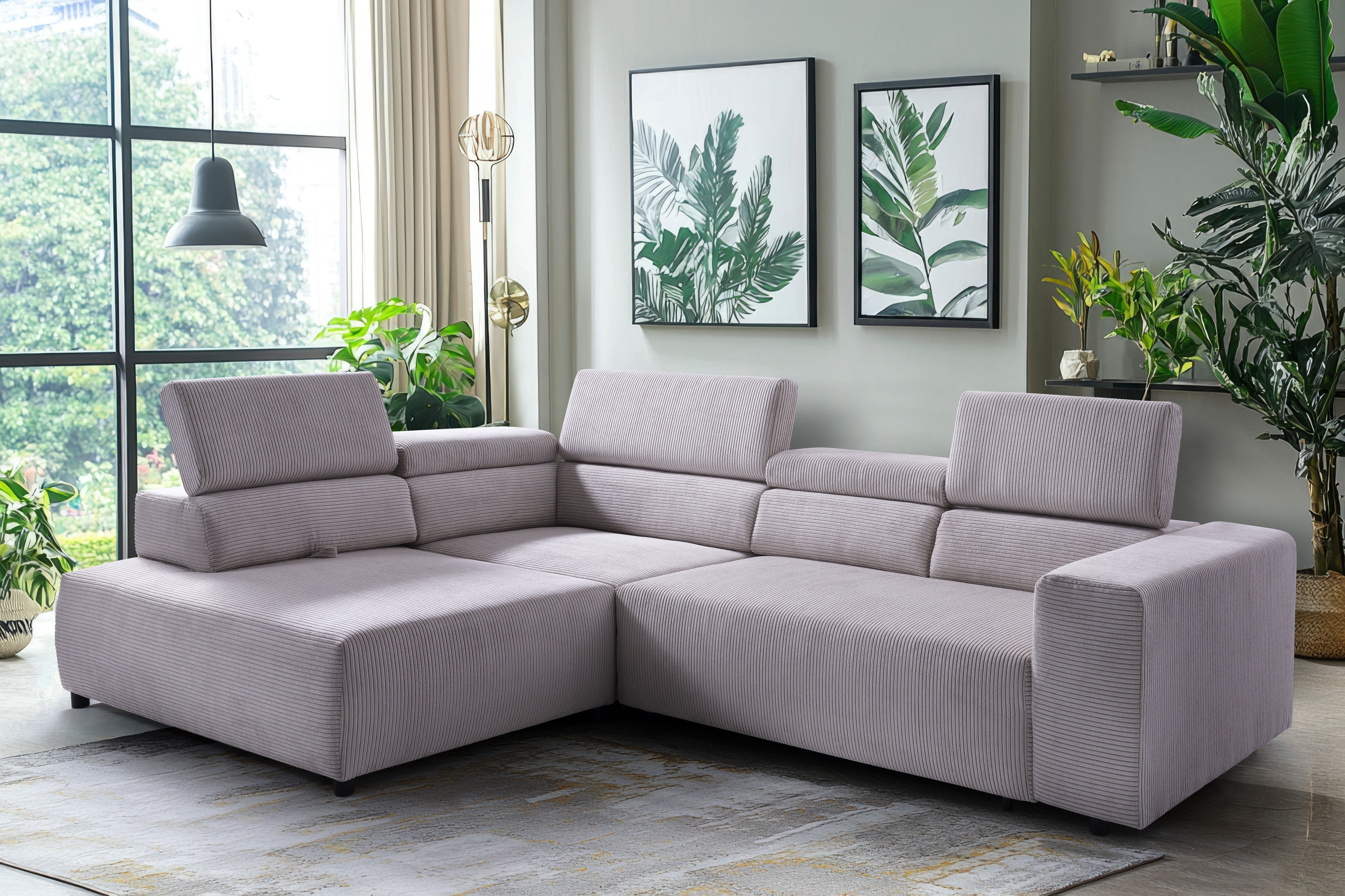 exxpo - sofa fashion Ecksofa VITTORIO mit Komfortfunktionen, bequem und modern, Cord, L-Form, inkl. Kopfteil- und Sitztiefenverstellung, wahlweise mit Bettfunktion