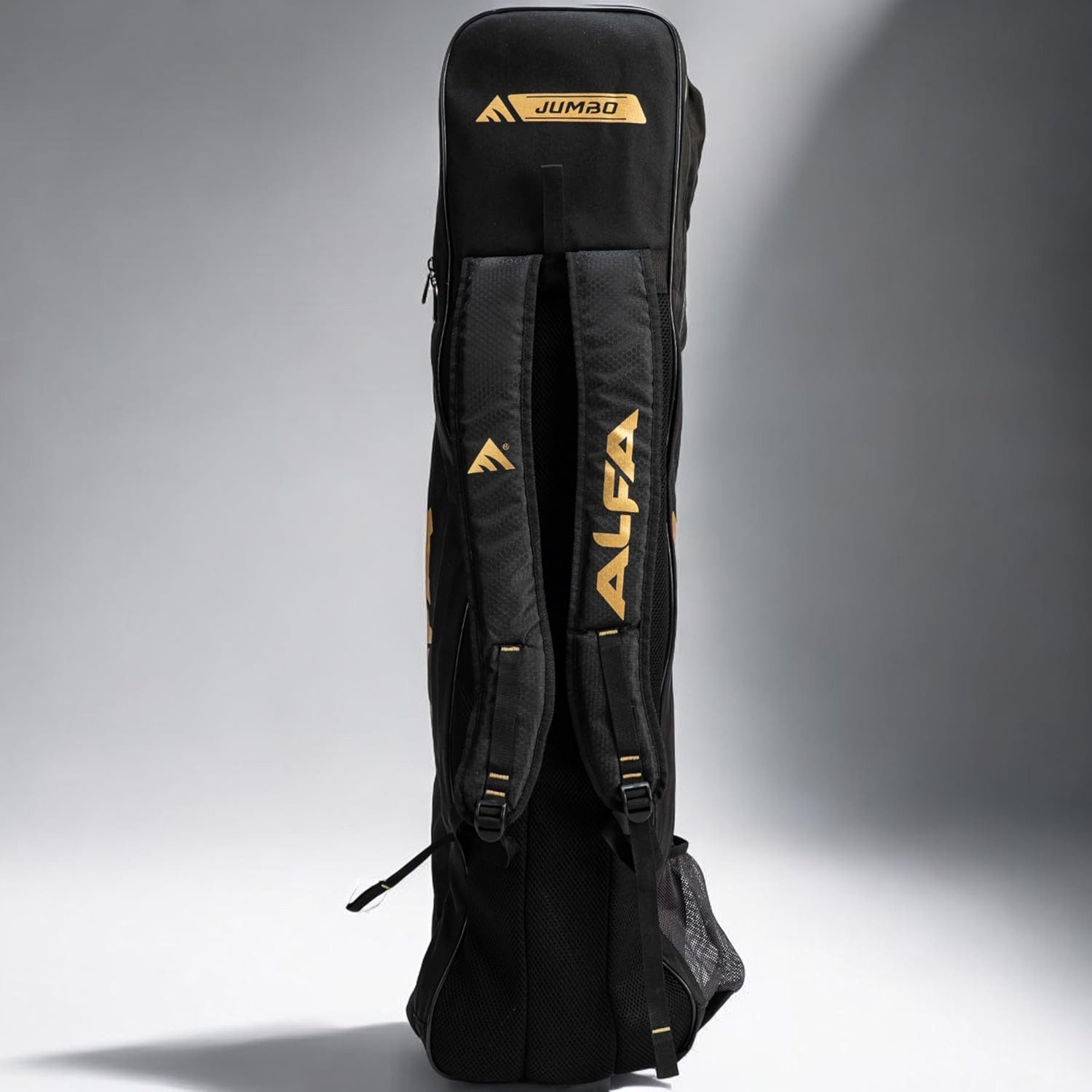 ALFA Hockeytasche Jumbo Hockeytasche Schwarz groß mit Schlägerfach & Belüftung (Große Hockeytasche mit Schlägerfach & Zubehörtaschen, Maße: 89×34×34 cm, Farbe Schwarz), 6 Innenfächer, Belüftete Mesh-Taschen, Komfortträger, Top-Zugang