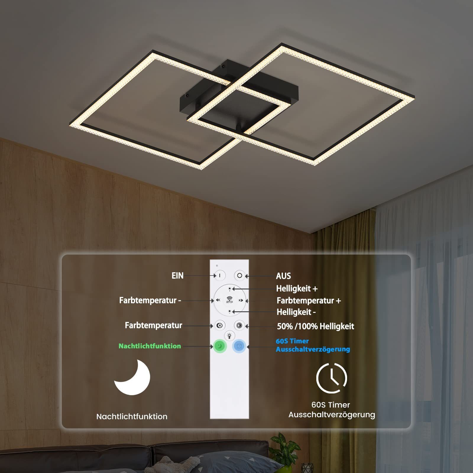ZMH LED Deckenleuchte 2 Modern Quadratisch Kristall Design Dimmbar mit Fernbedienung 52W, LED fest integriert, warmweiß-kaltweiß, Schwarz
