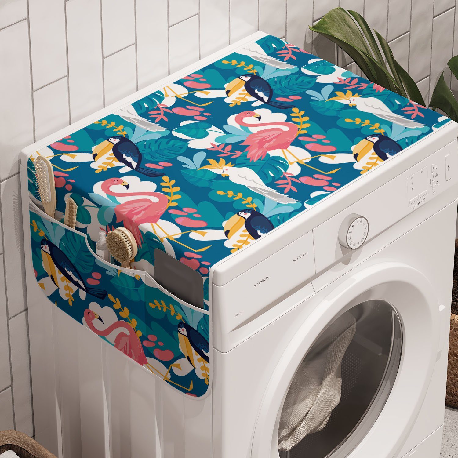 Abakuhaus Badorganizer Anti-Rutsch-Stoffabdeckung für Waschmaschine und Trockner, Exotisch Flamingo Birds Dschungel Plants