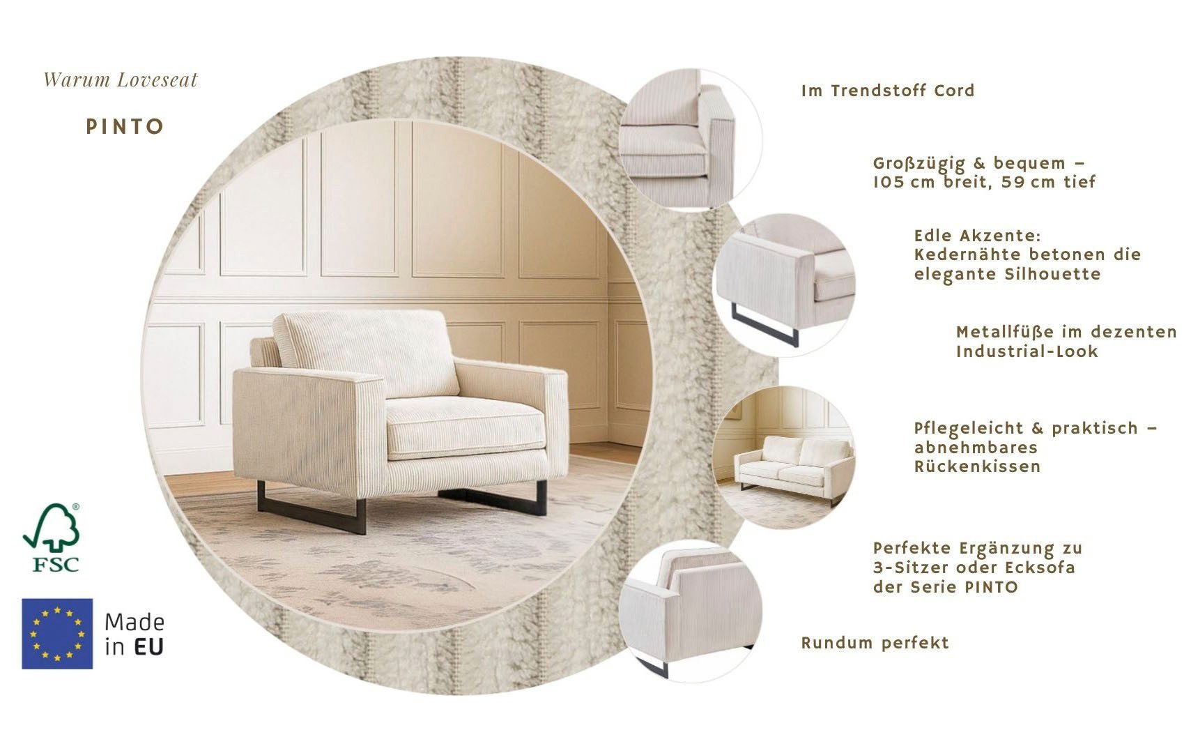 Home affaire Loveseat Pinto 105 cm, Cord, Chenille, Lederoptik, mit Keder, Metallfüßen und auch in Cord Bezug erhältlich