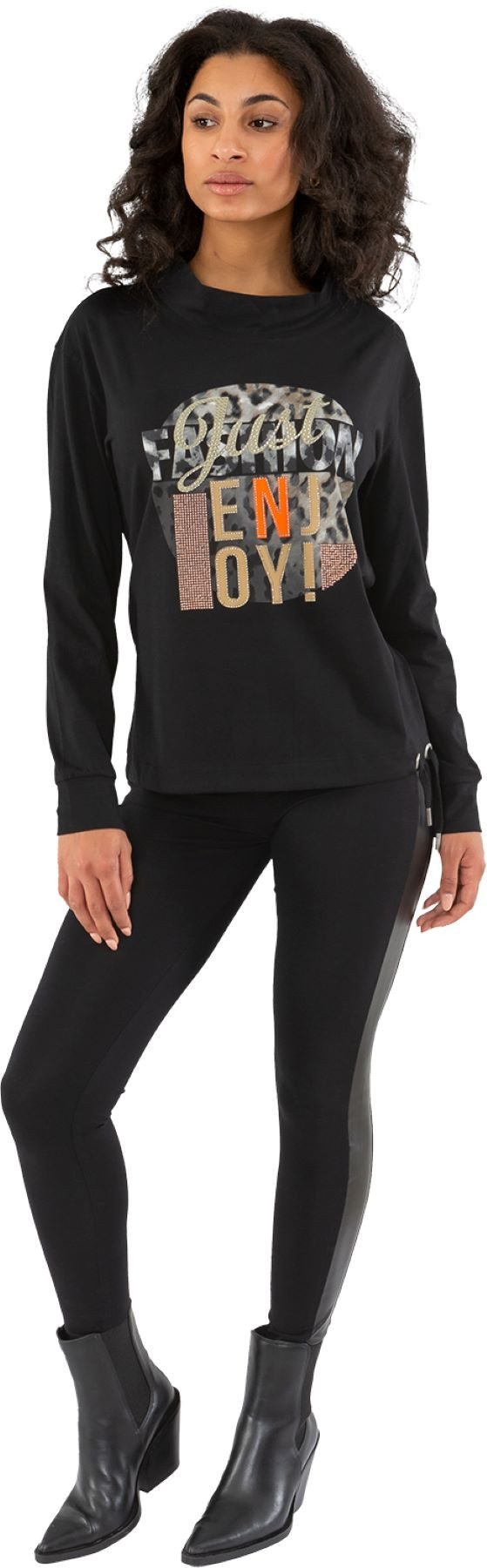 Langarmshirt G29-1113, "just enjoy" mit Strass und Animalprint