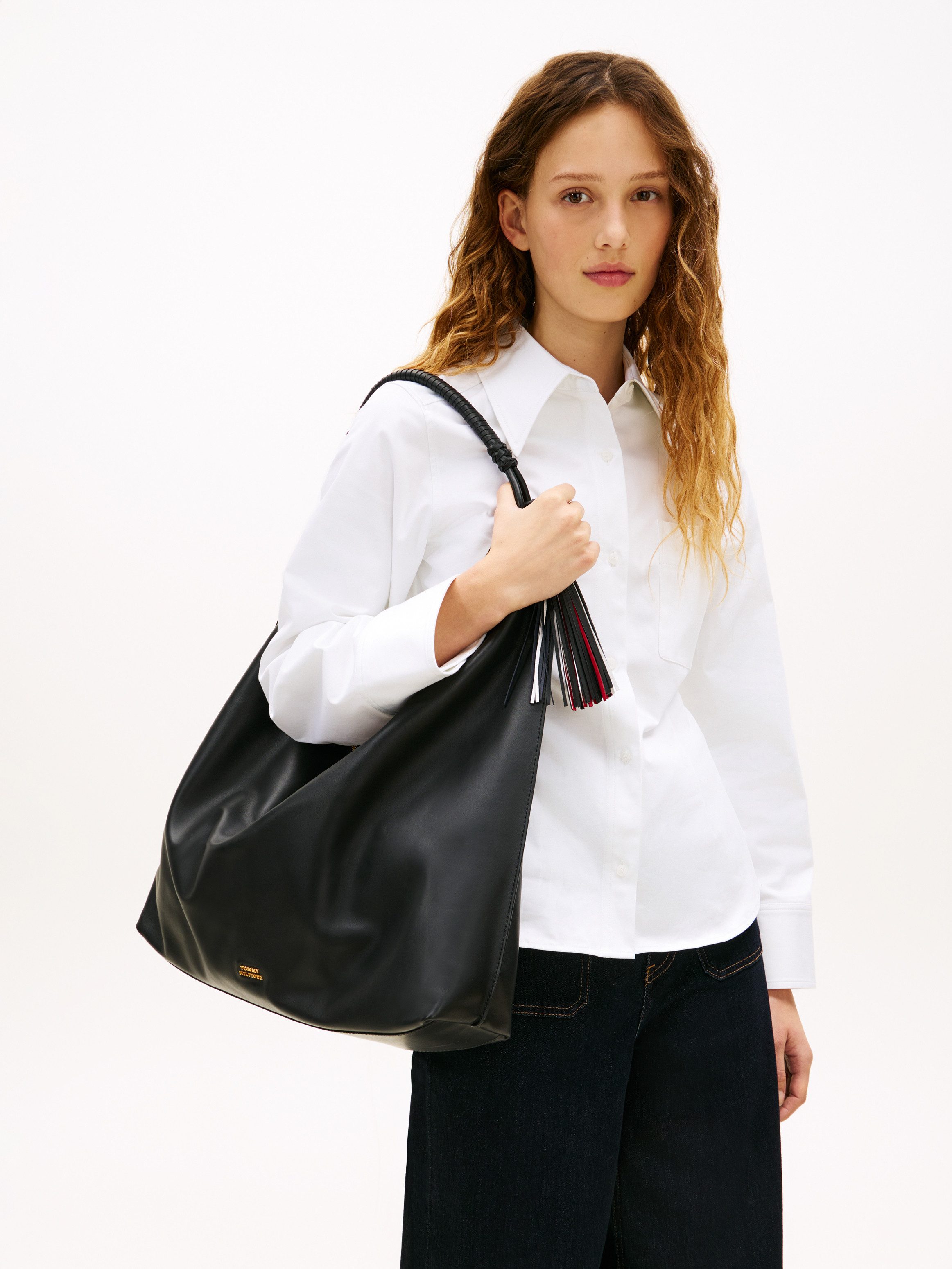 Tommy Hilfiger Hobo TH STATEMENT LEATHER HOBO, Damen Umhängetasche, Schultertasche, Handtasche mit Logoschriftzug