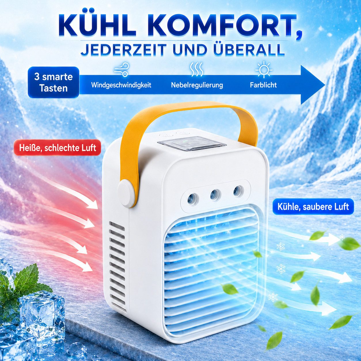 MOPUEA Ventilatorkombigerät Tragbare Klimaanlage mit 3 einstellbaren Windgeschwindigkeiten, 300-ml-Wassertank, Desktop-Luftkühlungsventilator – Bild 4 von 5