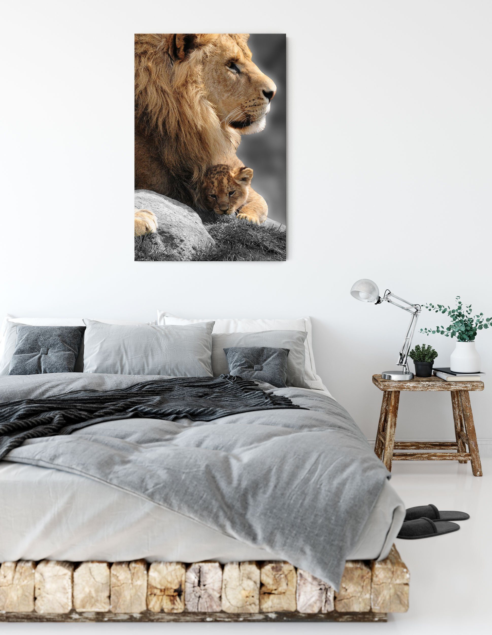 Löwenbaby (1 Zackenaufhänger inkl. fertig Leinwandbild Löwe bespannt, Löwe Löwenbaby, mit Pixxprint Leinwandbild St), mit
