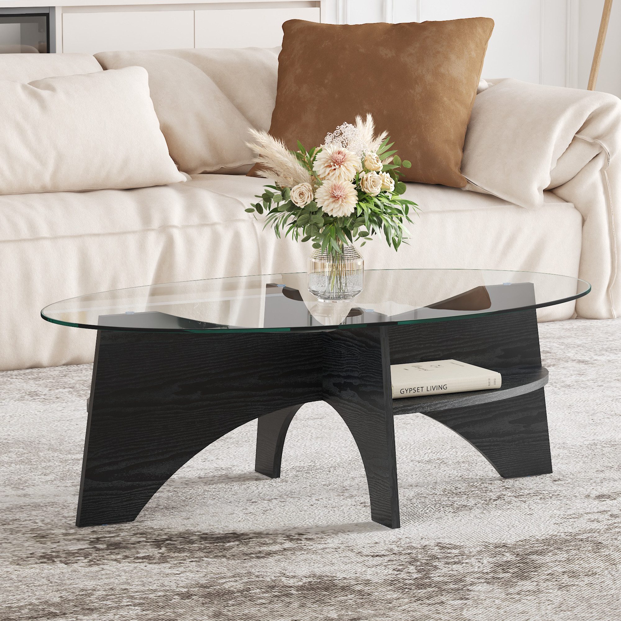 gopop Couchtisch Ovaler Glas-Wohnzimmertisch mit Stauraum, 6mm Hartglas (1-St), als Beistelltisch & Serviertisch 105x60x36cm