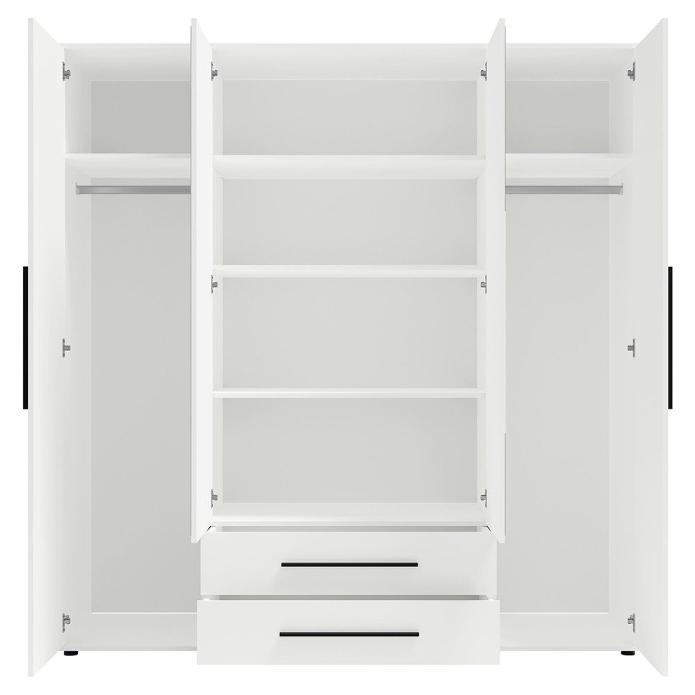 Lomadox Kleiderschrank MOLLERUSA-132 in weiß matt mit schwarzen Griffen, 197,6cm breit, mit Spiegeltüren