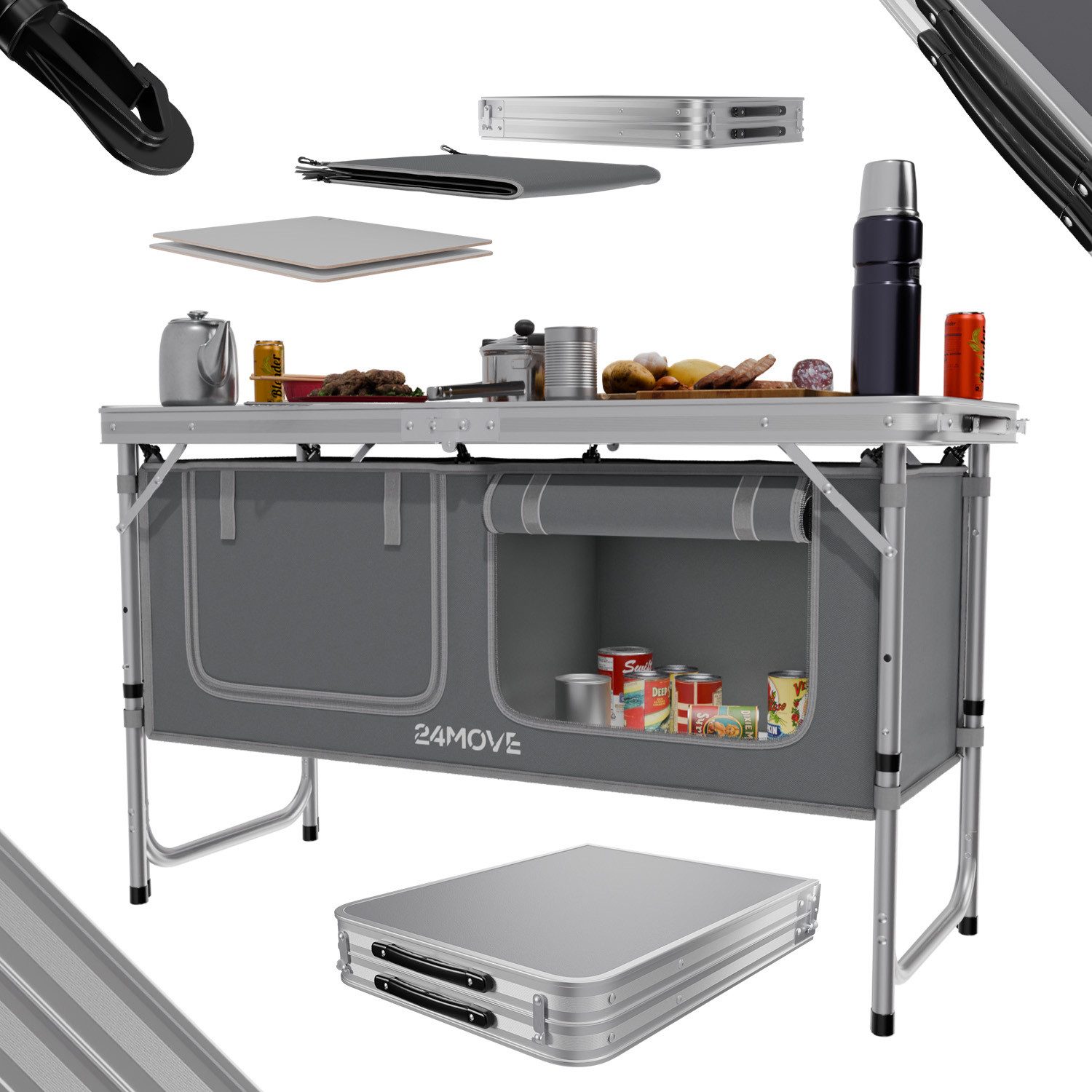 24Move Campingschrank Campingküche PRAIA Outdoorküche Alu (faltbar, höhenverstellbar, Outdoorküche) mit Arbeitsplatte und Staufächern