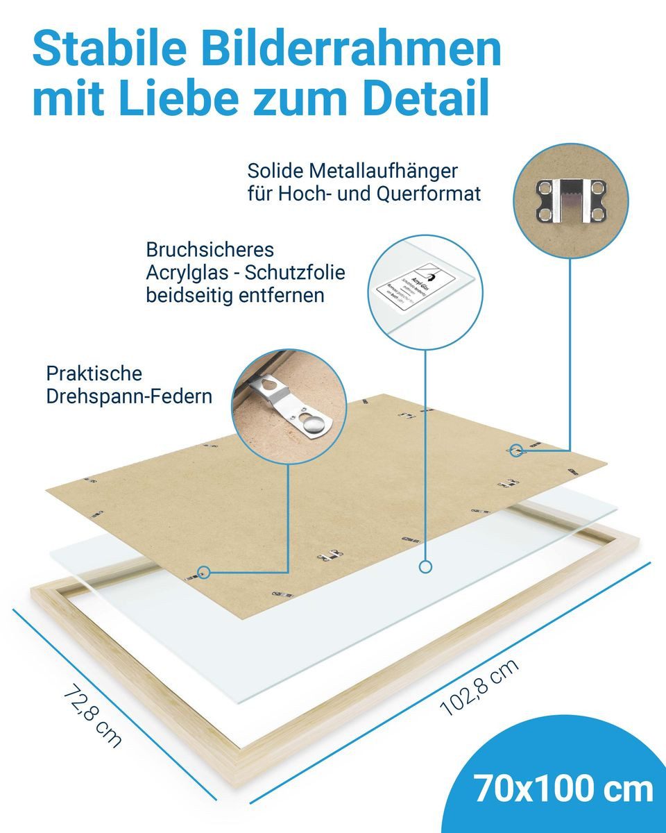 PHOTOLINI Bilderrahmen modern mit bruchsicherem Acrylglas, Holz MDF für Fotos & Poster, für 1 Bilder (1 Einzelrahmen), Posterrahmen XL 70x100 cm zum Aufhängen – Bild 3 von 5