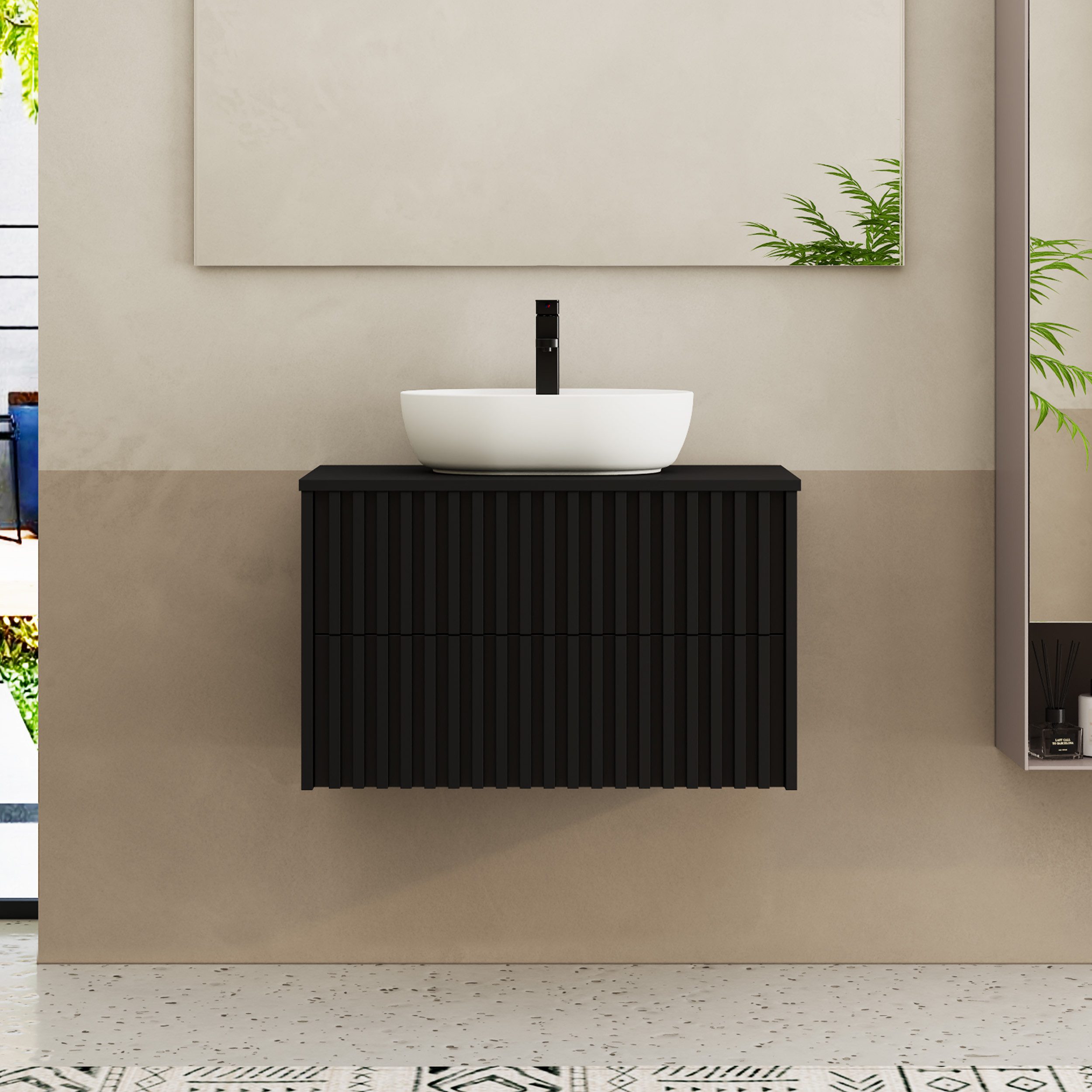 UEV Waschtisch mit Unterschrank hängend Ovales Keramikwaschbecken (Komplett-Set Badmöbel, Badezimmmer Schrank, mit Wasserhahn und Pop-up-Ablassventil Aufsatz-Waschbecken), Soft-close Schubladen,Waschbeckenunterschrank mit 2 Schubladen