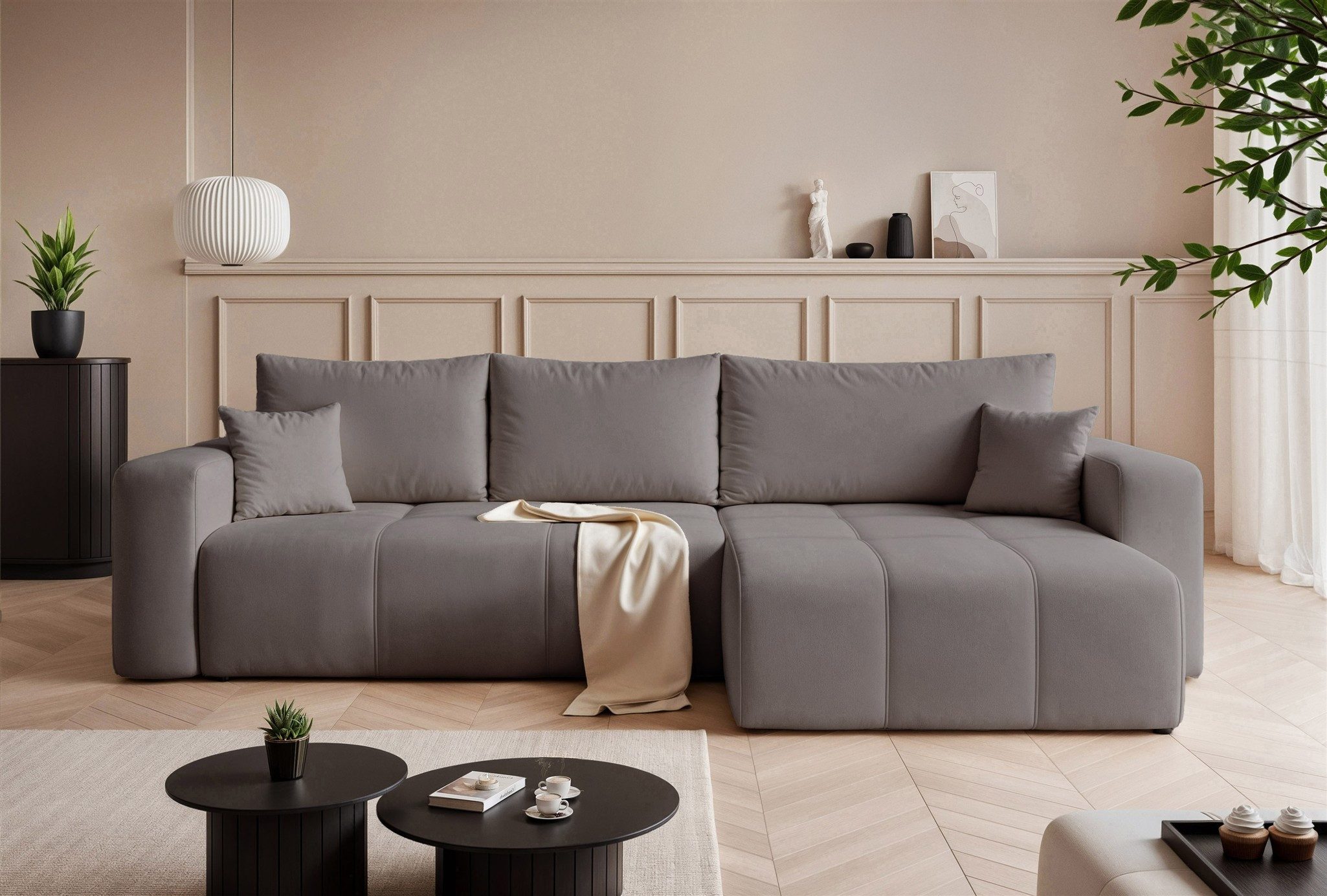 Fun Möbel Ecksofa Schlafsofa LEROS XL mit Ottomane in Veloursstoff Manila, Rücken echt bezogen, mit Bettkasten, inkl. 3 Rückenkissen und 2 Zierkissen