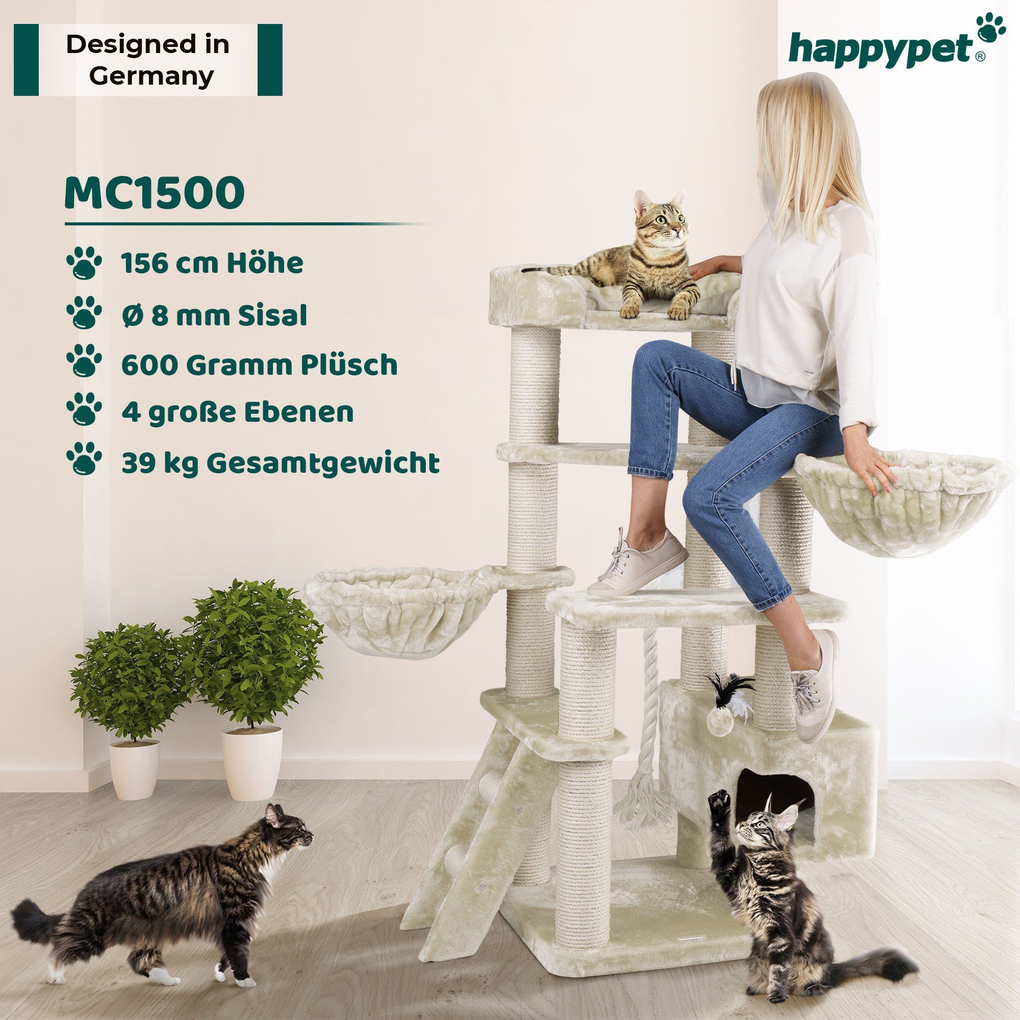 Happypet Kratzbaum JACOB, 156 cm XXL, 12 cm Dicke Stämme, 46 kg Schwerlast, Premium Qualität