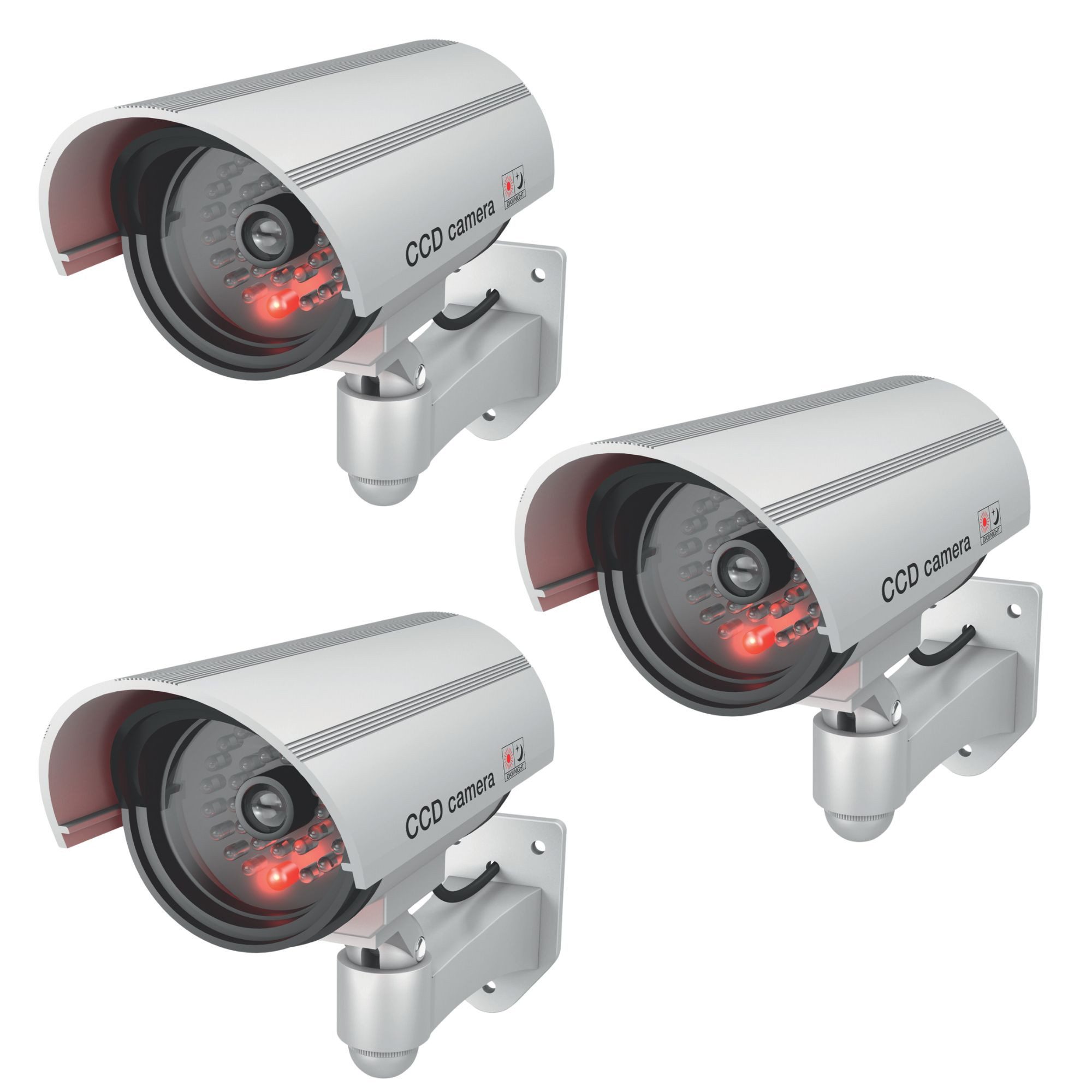 BASI Überwachungskamera Attrappe Dummy Kamera (Spar-Set, 3-tlg., Batteriebetrieben, LED-Licht, Innen-/Außen, Wandhalterung, 3 Stück)