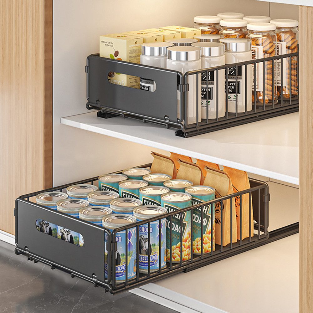 TUWENA Küchenorganizer-Set 2 Stück Teleskopschublade, Faltbar Ausziehbare Schublade Küche, Kein Bohren Metall Ausziehbarer Schrank Organizer für Küche, Bad