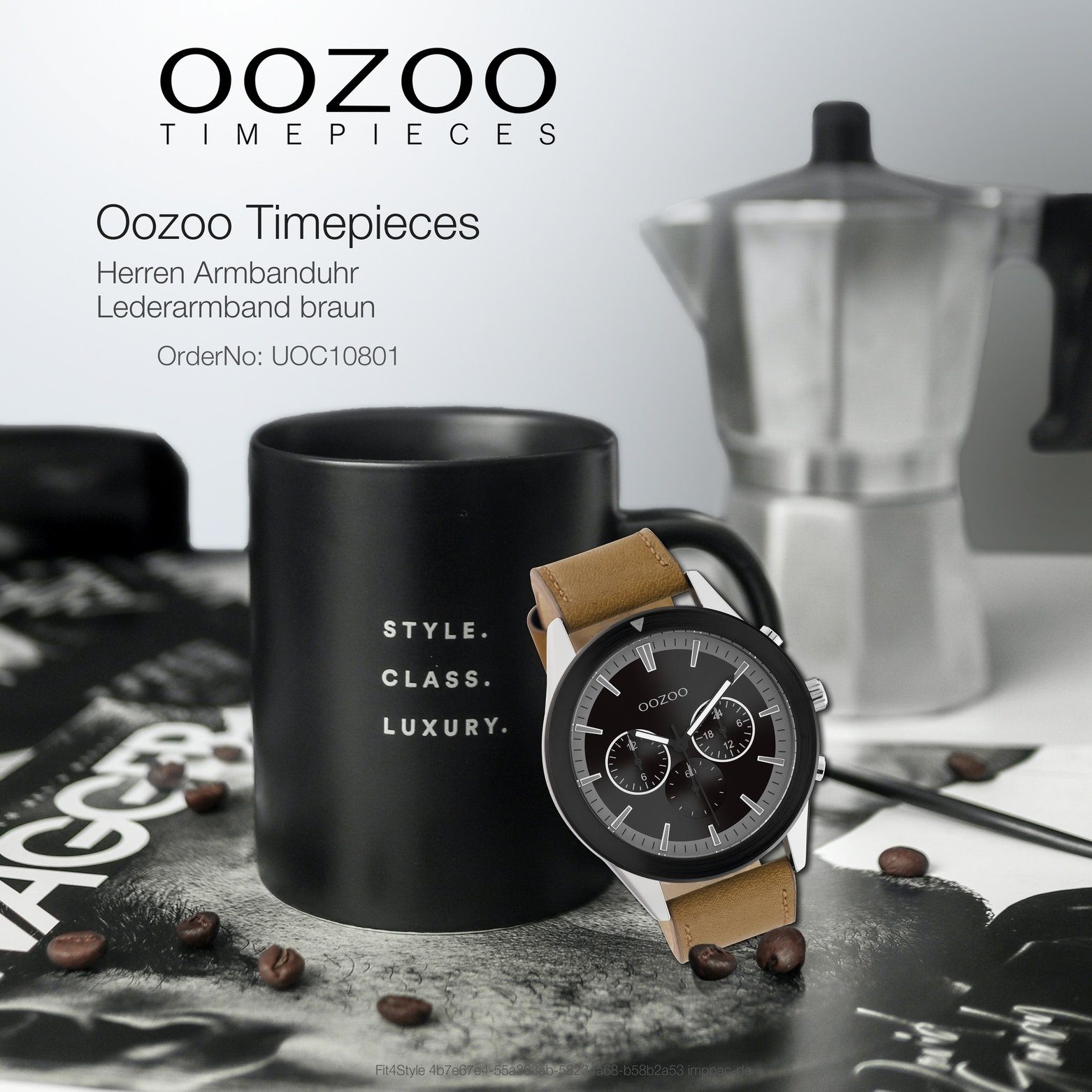 OOZOO Quarzuhr Oozoo 45mm) Armbanduhr groß Sport-Style braun Analog, (ca. Herren rund, Lederarmband, Herrenuhr