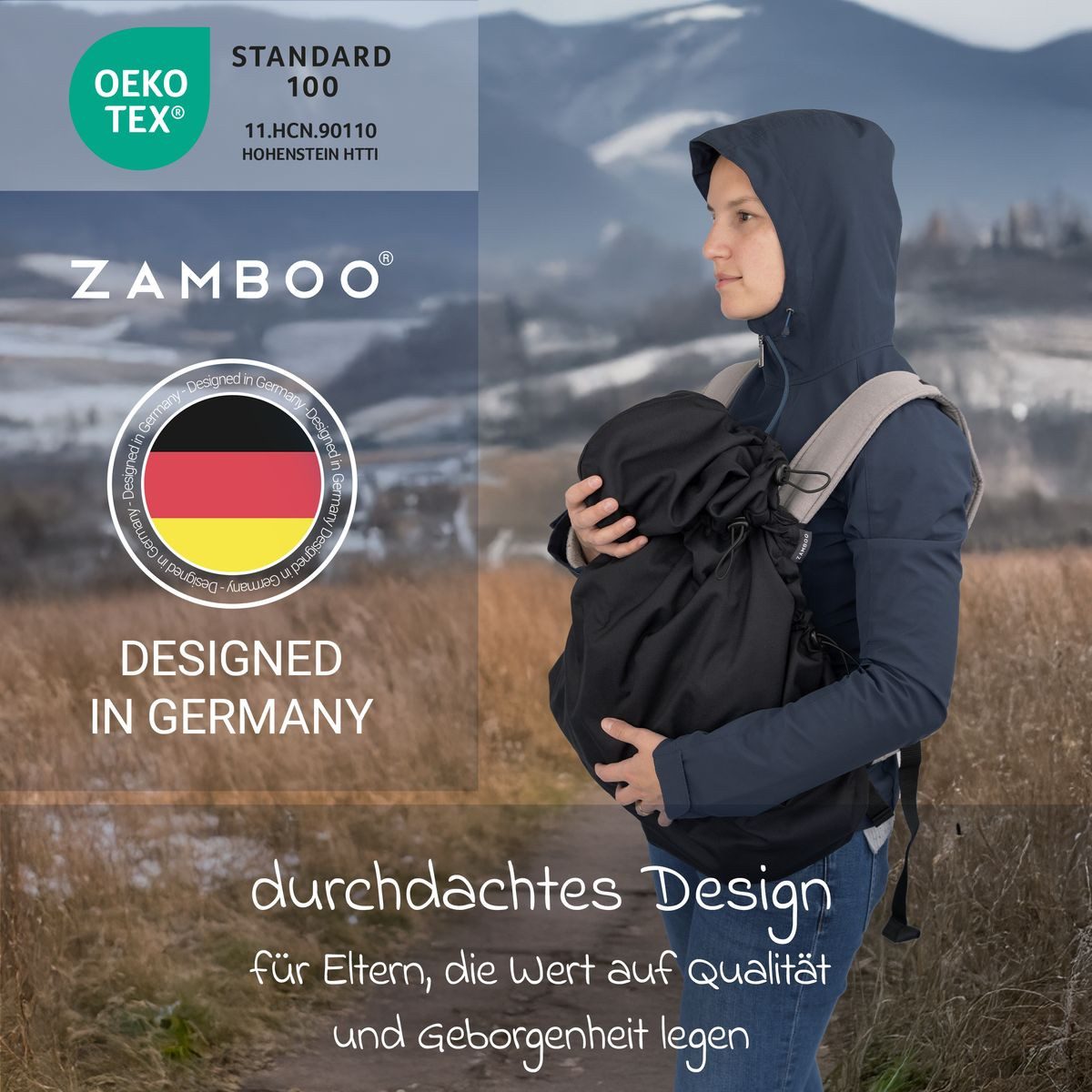 Zamboo Babytrage Schwarz, Universal Fleece Cover für Babytrage Bauchtrage Regen- & Wetterschutz