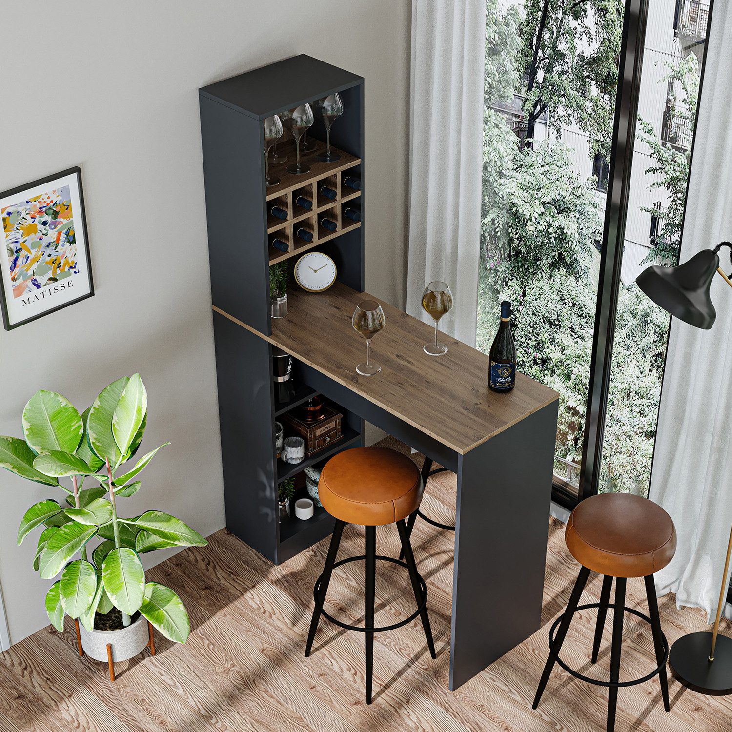 Roomart Bartisch Dublin Hausbar – Stehtisch mit Weinregal & Stauraum, 4 Farben (Bartisch Dublin – Stehtisch mit Weinregal & Stauraum in 4 Farben), •Weiß • Eiche – Bild 3 von 5