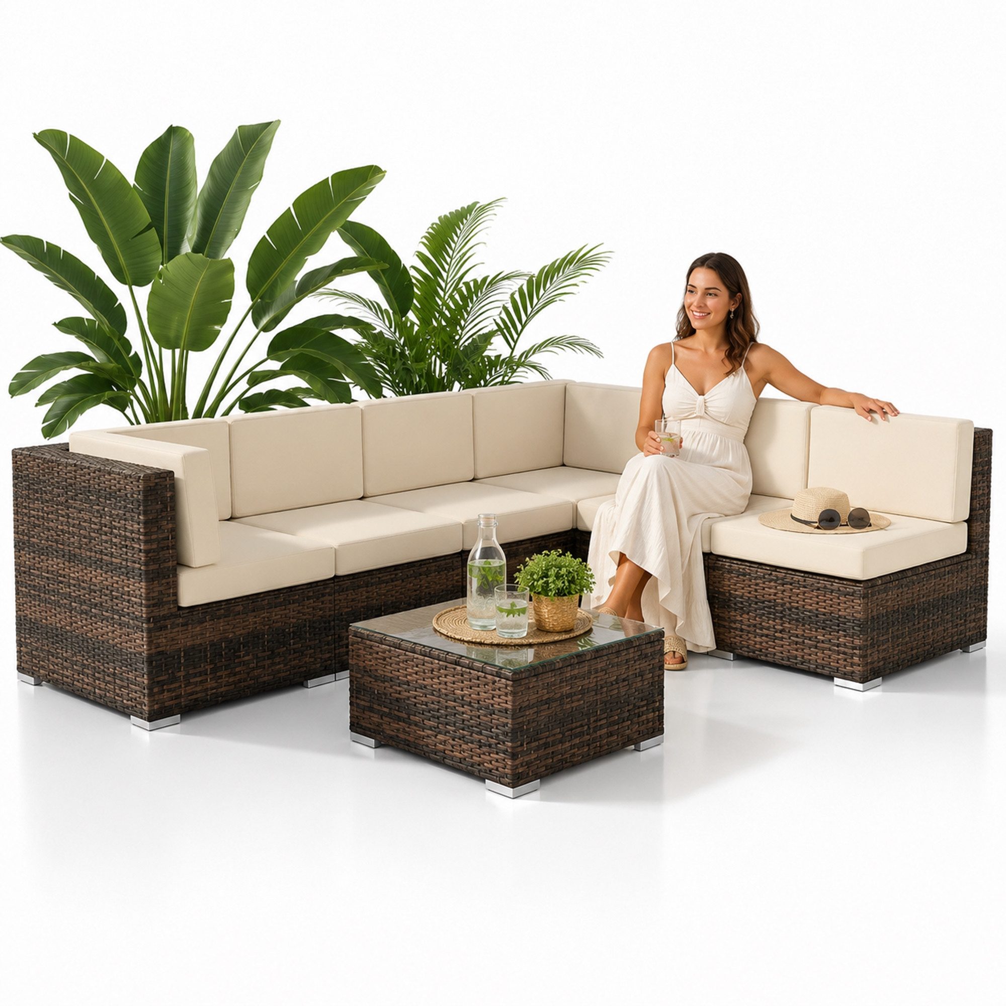 Mucola Gartenlounge-Set Lounge Gartenmöbel Set Sitzgruppe Polyrattan Gartenlounge Gartenmöbel, (Set, 1x Mehrteiliger Sofa 1x Ottomane 1x Tisch), Kissen inkl. Reißverschluss, daher abnehm- und waschbar